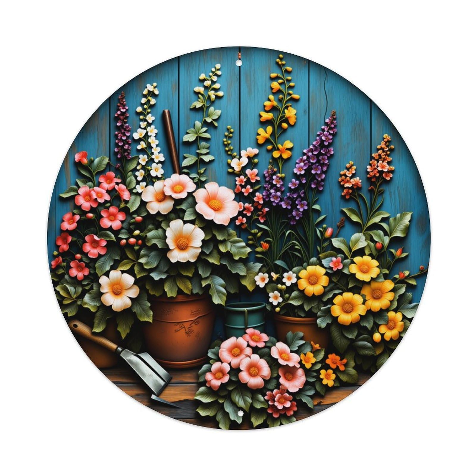 Floral Arrangement In Pots With Garden Tools And Colorful Blooms Round Vintage Tin Sign,Retro Wall Art,Metal Poster for Home, Bar, Garage, Cafe, Rustic Indoor & Outdoor Decor, 8x8 Inches