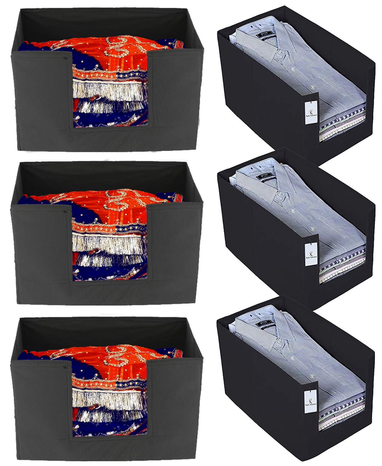 Kuber Industries Non Woven 3 Piece Shirt Stacker and 3 Piece Foldable Rectangle Cloth Saree Stacker Cloth Wardrobe Organizer Wardrobe Organizer (Black) -CTKTC38273