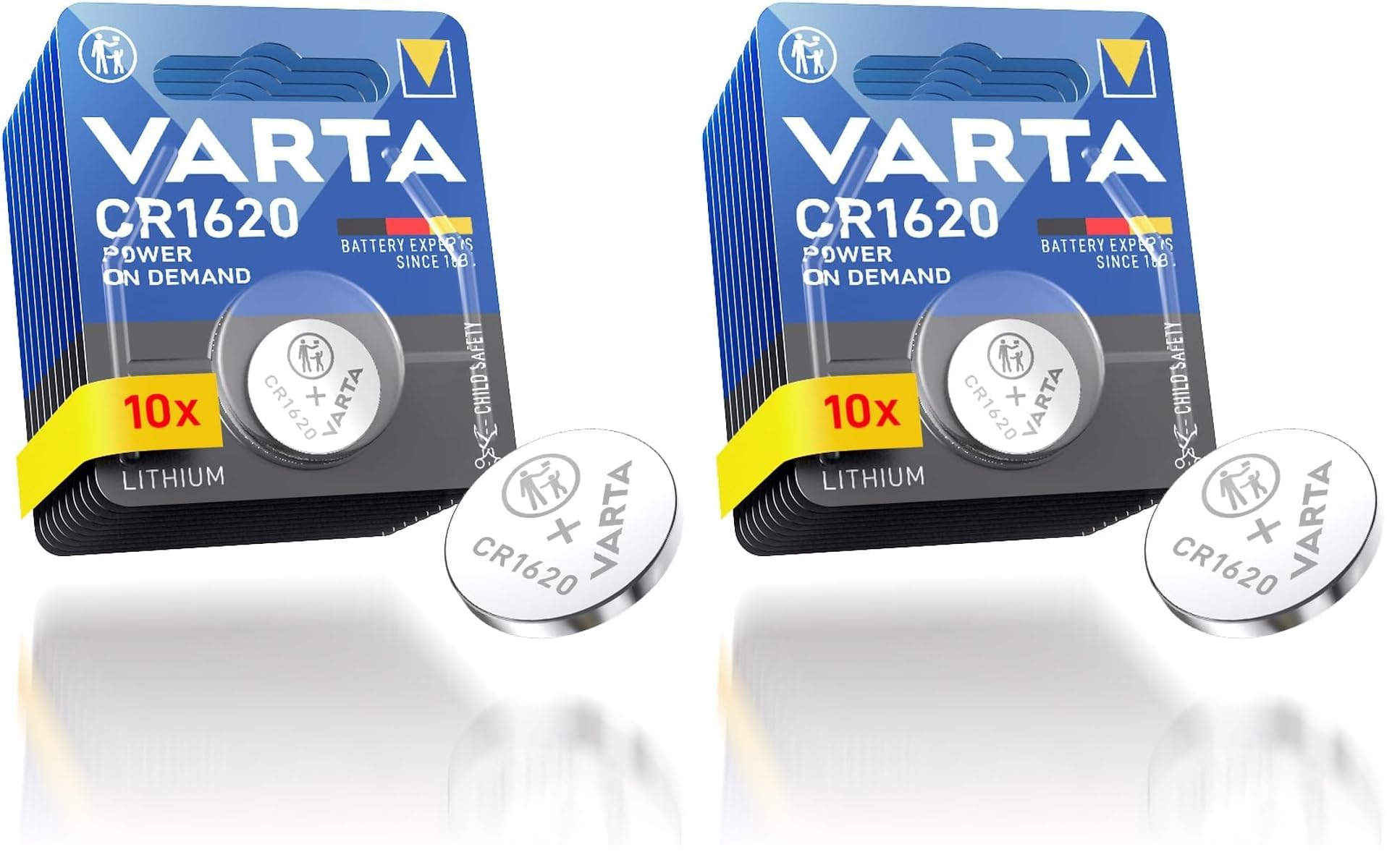 VARTA Batterien Knopfzellen CR1620, 10 Stück, Power on Demand, Lithium, 3V, sicherheitsversiegelte Verpackung, für Smart Home Geräte, Autoschlüssel und weitere Anwendungen (Packung mit 2)