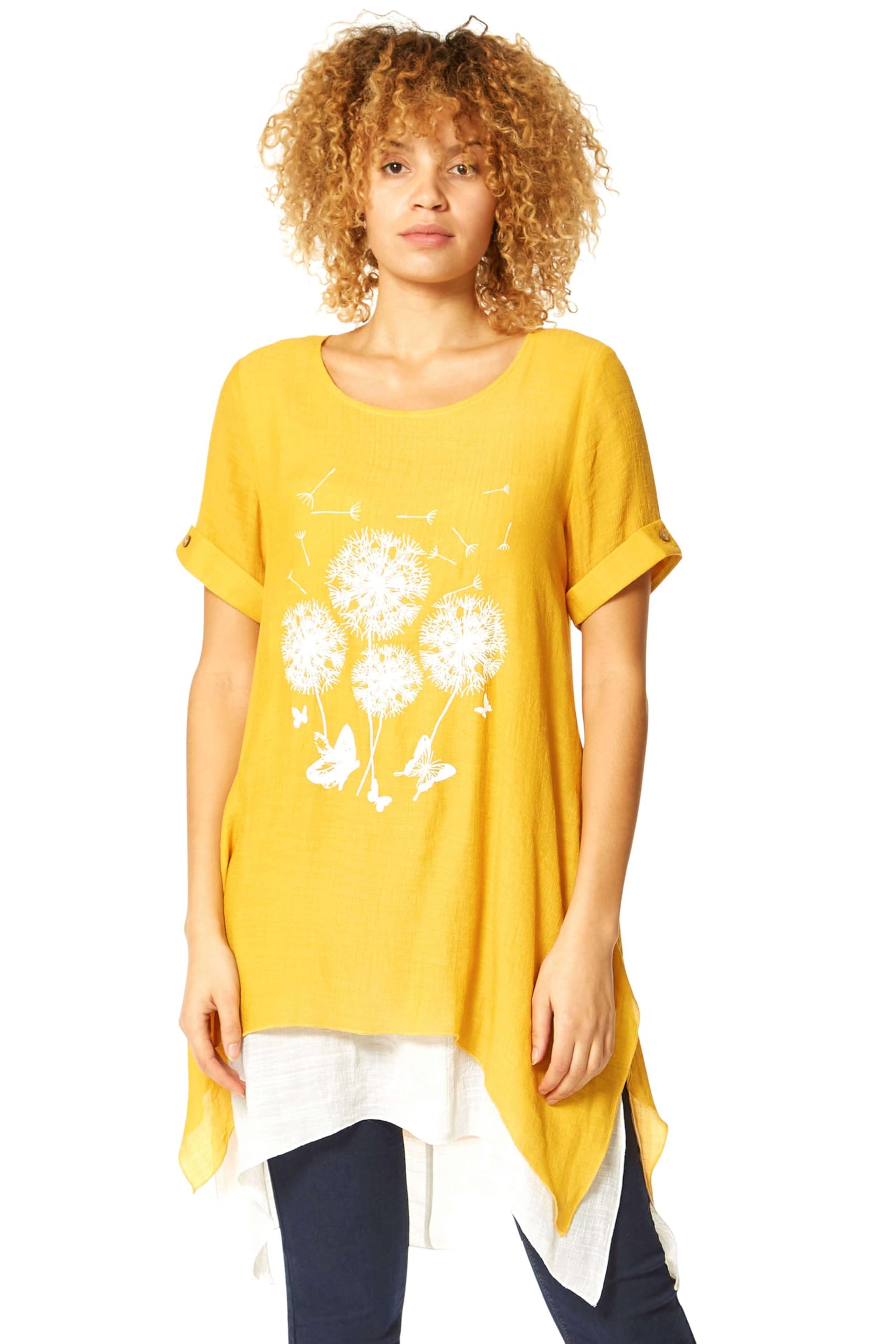 Roman Women's Amber Dandelion Floral Hanky Hem Tunic Top In Size 10