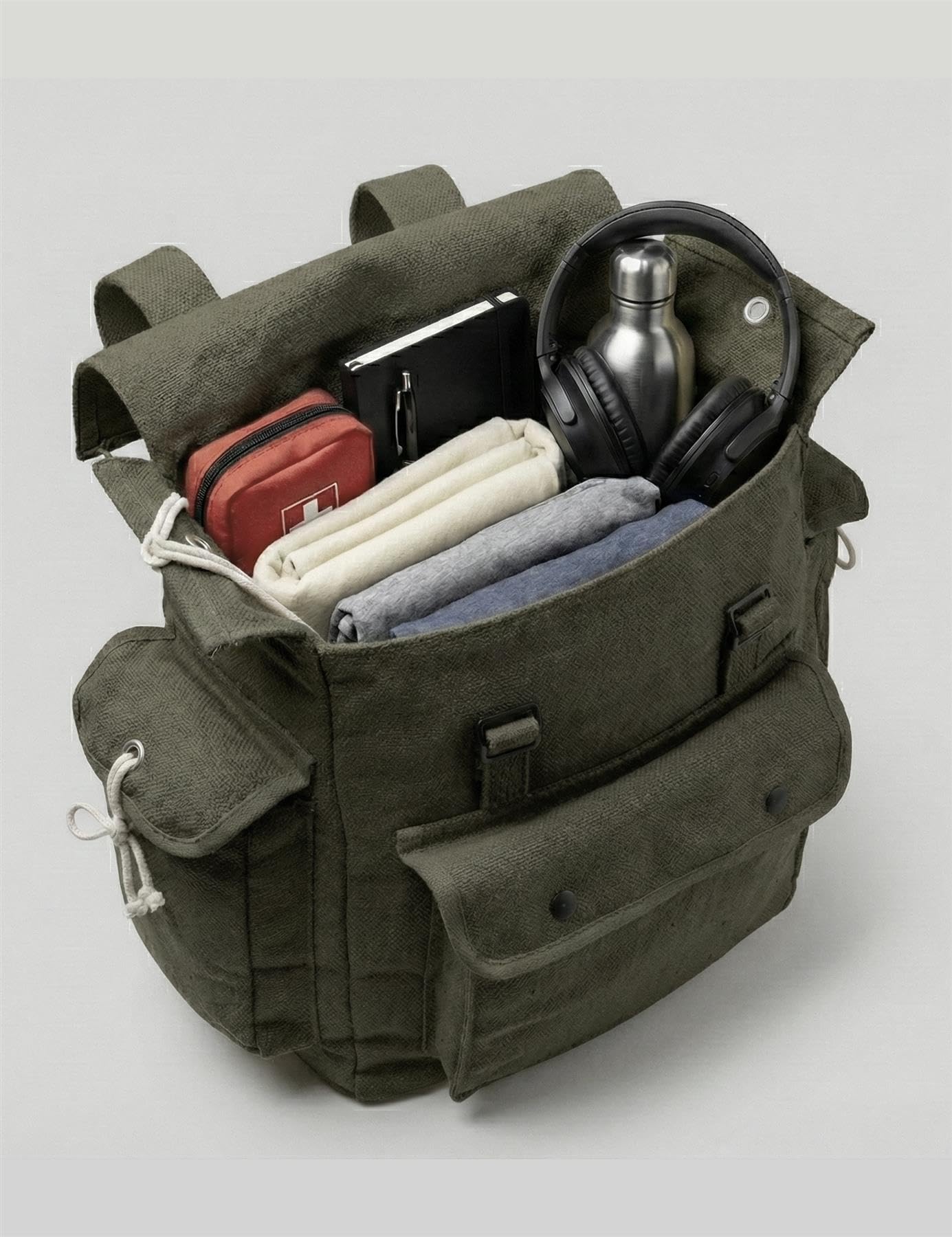 Zaino vintage in tela, 100% cotone, stile militare, con tasche laterali, per lavoro, viaggi, scuola