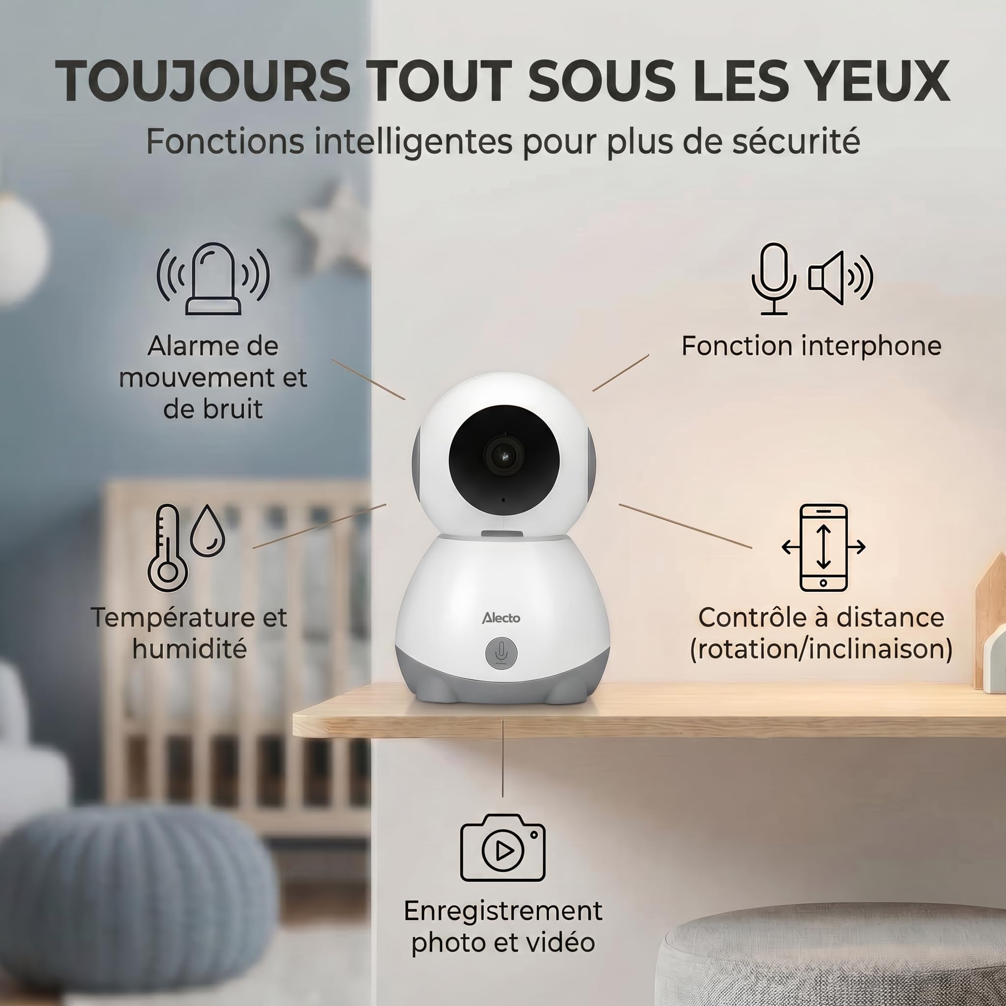 Alecto Babyphone WiFi avec caméra - Visiophone Bebe avec caméra et WLAN - SMARTBABY10 Moniteur Vidéo pour Bébé avec Vision Nocturne - Babyphone avec Interphone et Contrôlable par Application - Blanc