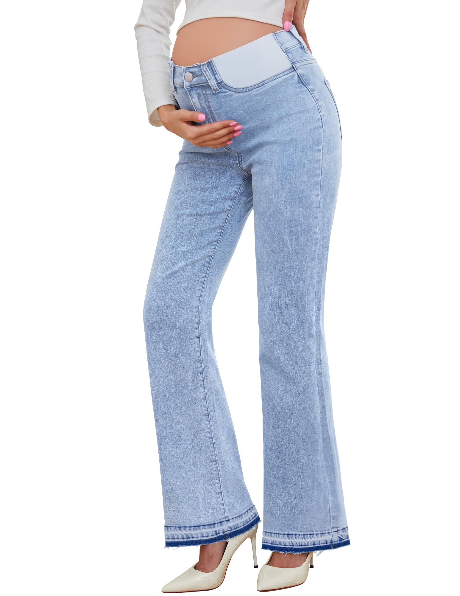 PACBREEZE Women's Maternity Flare Jeans Mid-Rise Stretchy Bell Bootcut Jeans Denim Pregnancy Pants, S-XXL