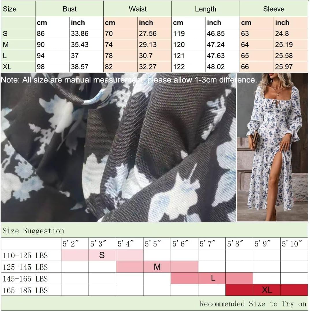 Women’s Floral Square Neck Maxi Dress Bubble Long Sleeve Side Slit Flowy Boho Dresses - Image 4
