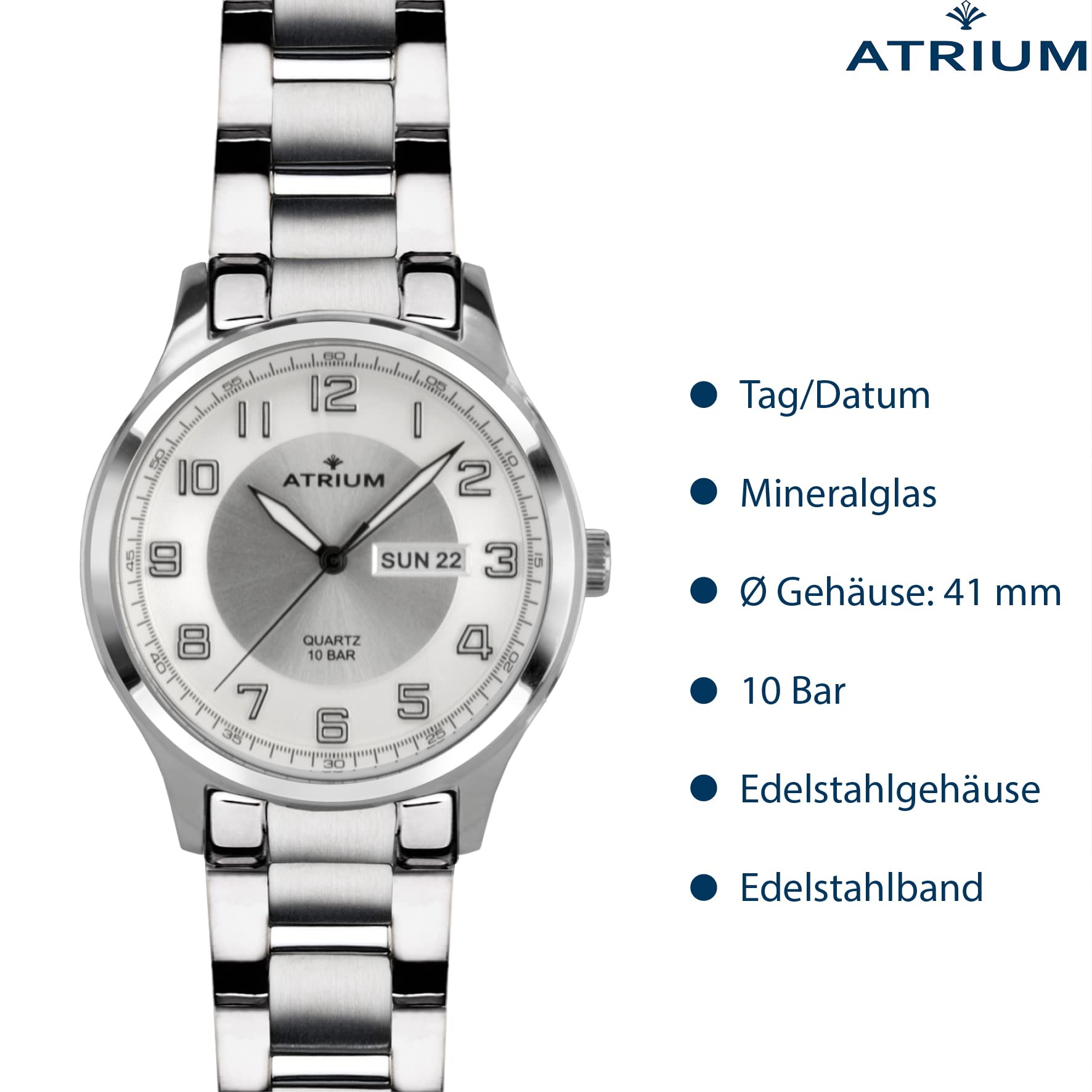 Atrium Herren-Armbanduhr Edelstahl Analog Quarz 10 bar mit Edelstahl Armband und Wochentag Datum Anzeige Silberfarben A39-30