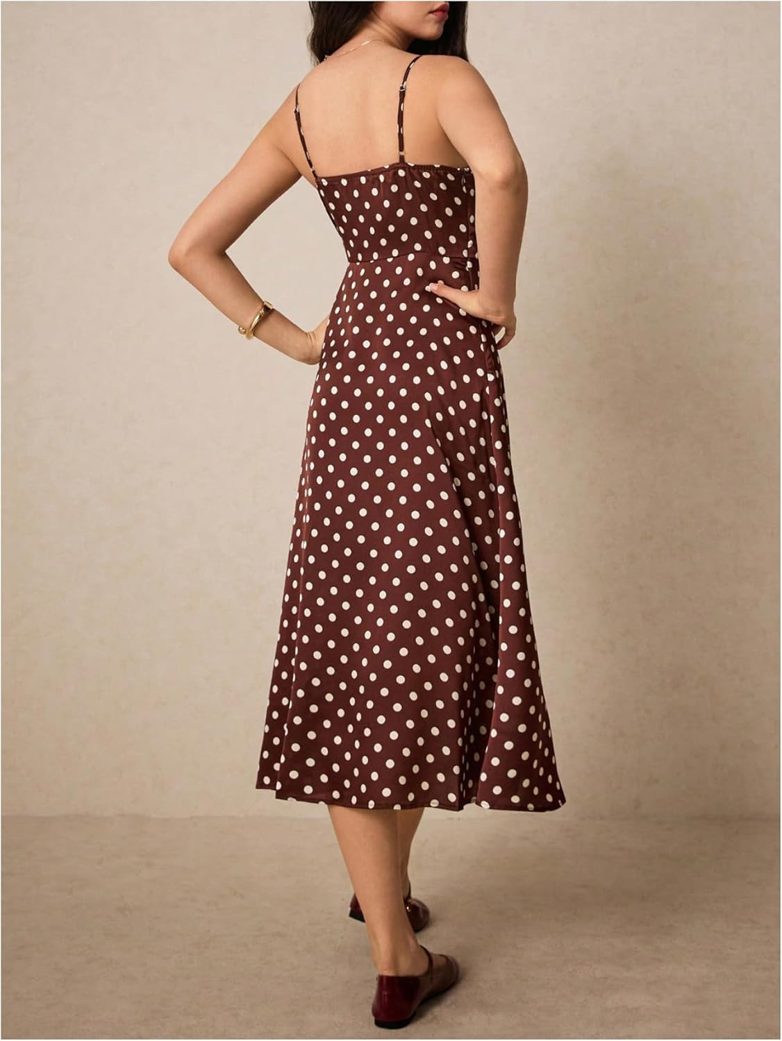 Milumia Women's Polka Dots Spaghetti Strap Maxi Dress Tie Front High Slit Flowy Sundresses - Image 3