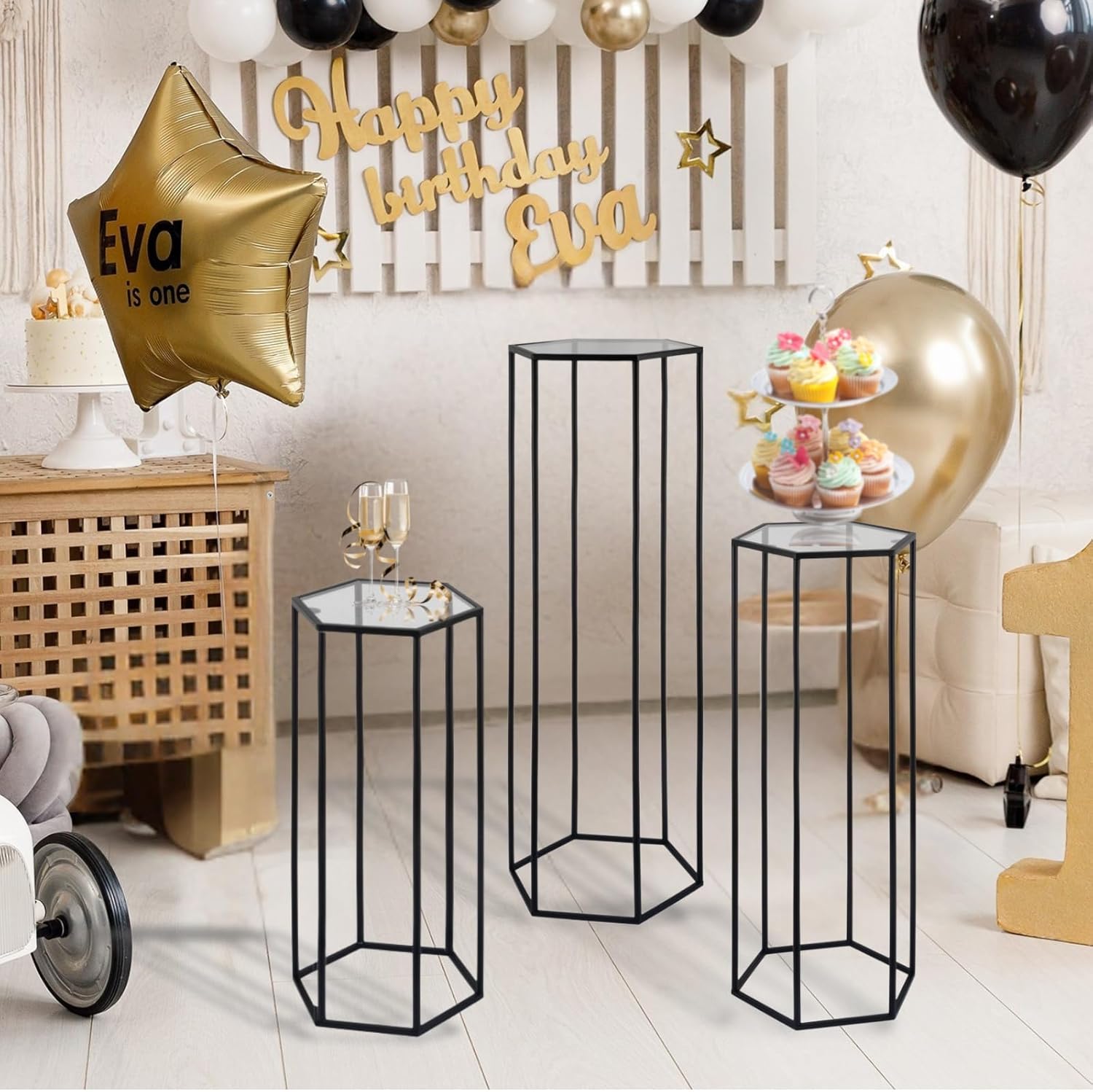 3PCS Hexagon Black Plant Stand Flower Stand for Party, Tall Metal Pedestal Stands for Display Decoration, Cake, Birthday, Wedding, Baby or Bridal Shower, Cylinder Column for Desserts