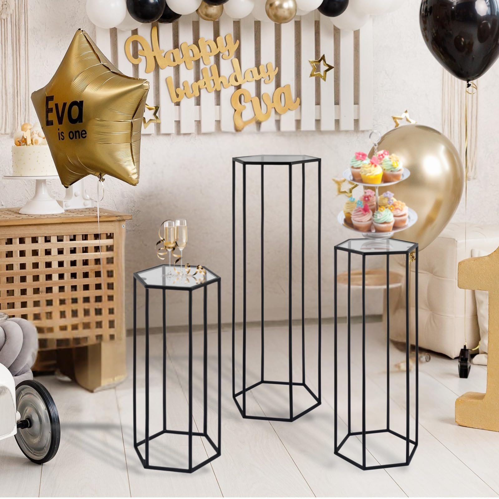 3 soportes cilíndricos hexagonales de metal para fiestas, pedestal de pasteles, soporte de flores para boda, soporte de plantas para cumpleaños, boda, sala de estar, patio, decoración de