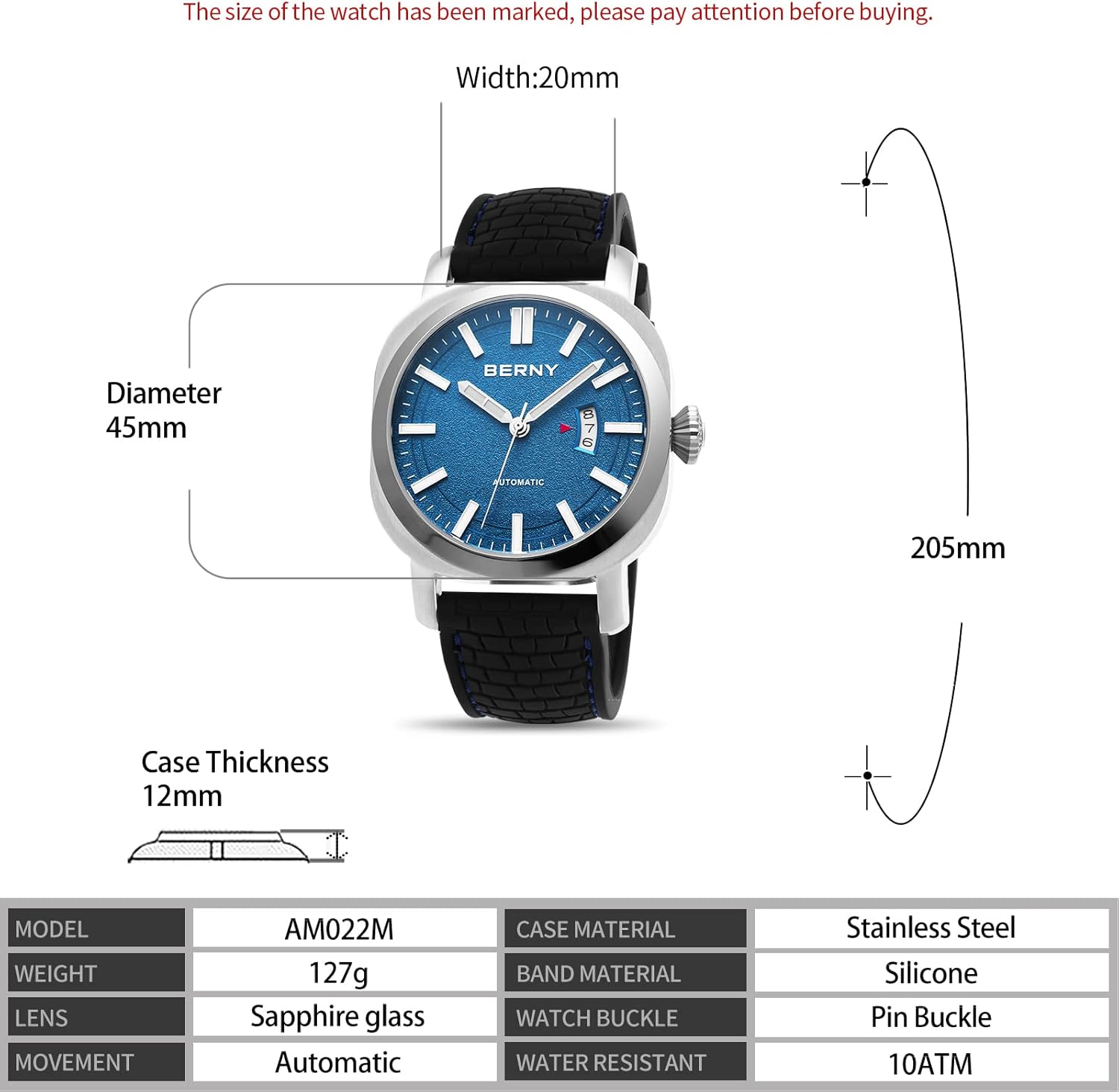 BERNY Men's Japanese Automatic Mechanical Watch, Self Winding Watches, 10ATM Waterproof, Sapphire Glass, Scratch Resistant HV800 Hardness Case, Super Luminous with Date (No Battery Required) Blue