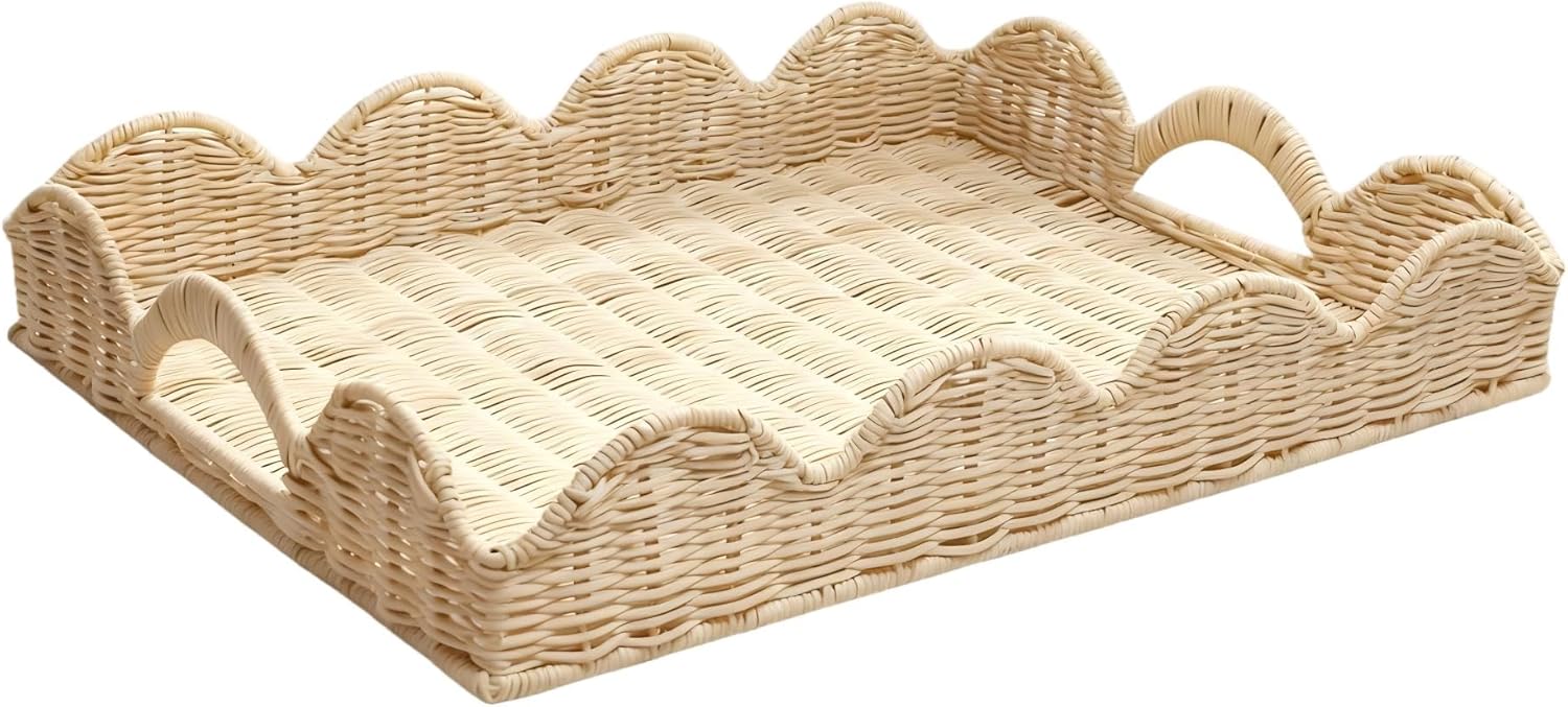Scalloped Edge Rattan Tray Basket,17"*13" Super Hard Rectangle Hand Woven Wicker Serving Trays with Handles, Seagrass Decoratve Trays for Coffee Table (Rattan-Off White)
