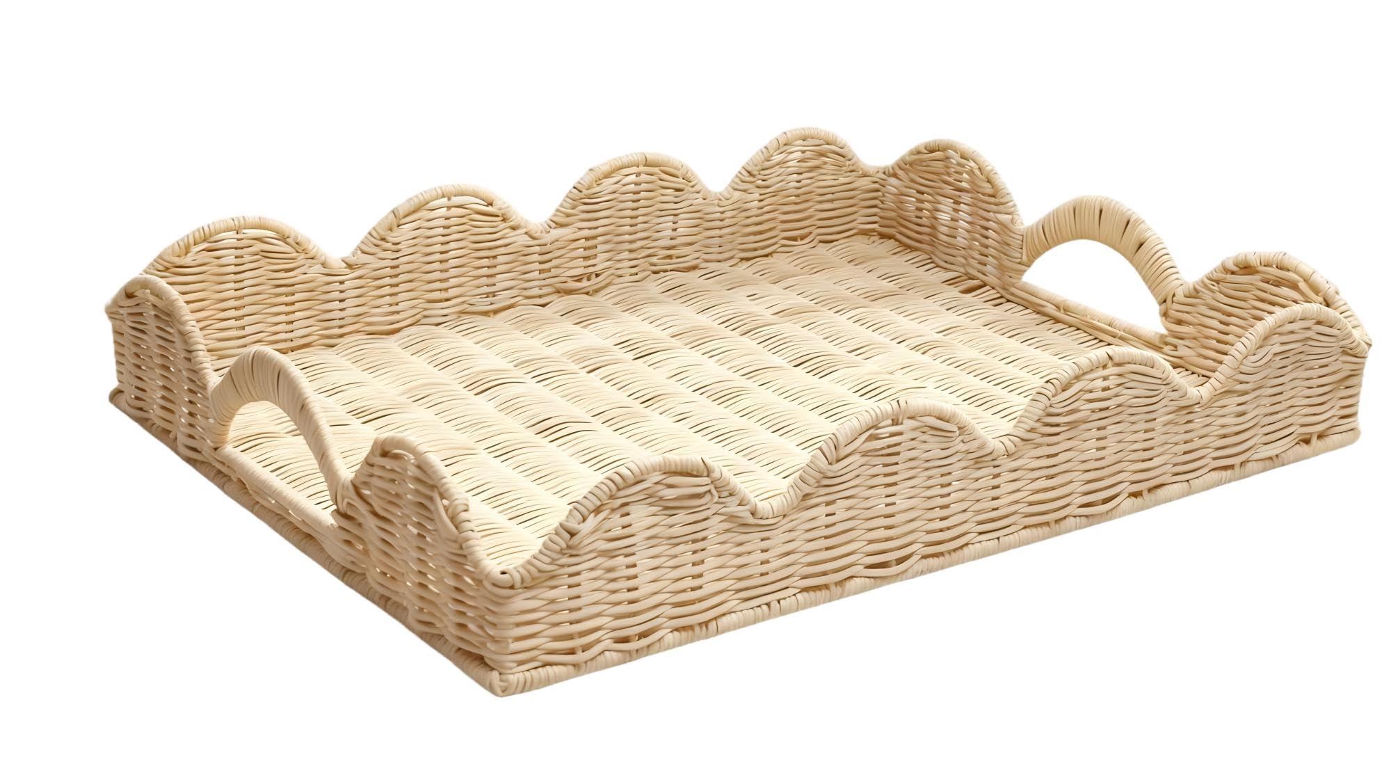 Scalloped Edge Rattan Tray Basket,17"*13" Super Hard Rectangle Hand Woven Wicker Serving Trays with Handles, Seagrass Decoratve Trays for Coffee Table