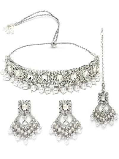 Sukkhi Exhilarating Rhodium Plated Silver Kundan & Beads Choker Necklace Set With Earring And Maangtika | Jewellery Set For Women (NS105527) : Amazon.in: Fashion