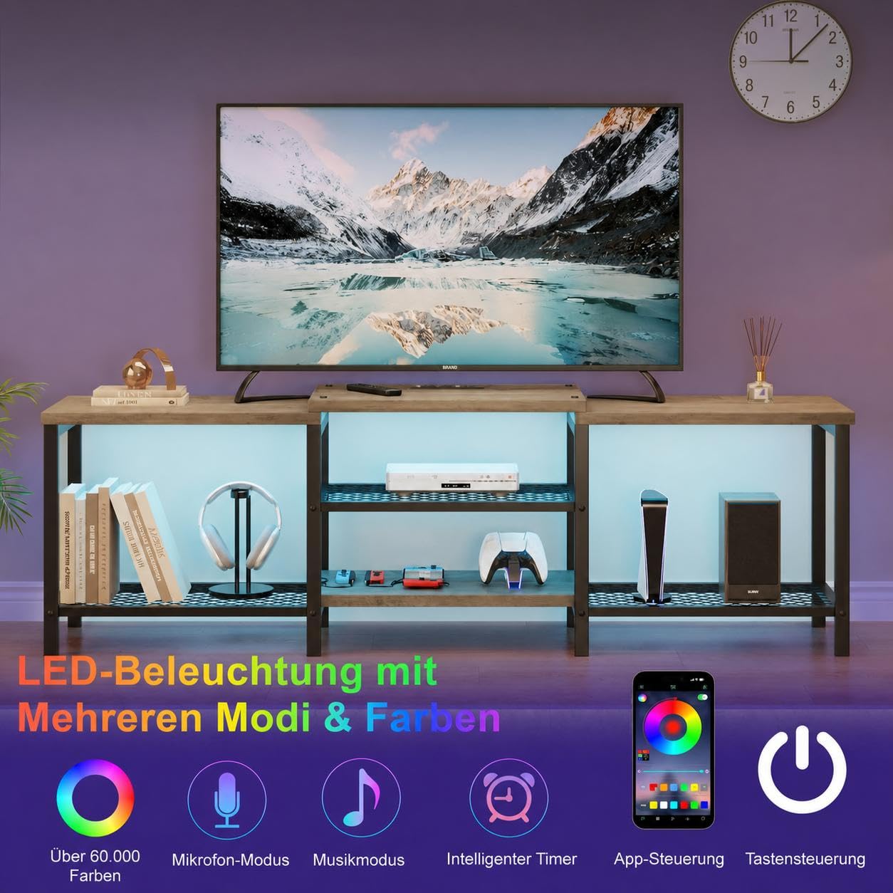 Garvee TV-Lowboard für Fernseher bis 75 Zoll – Modernes Medienmöbel mit LED-Beleuchtung, Steckdose – Offene Ablagen – Viel Stauraum als TV-Konsole oder Wohnzimmerschrank – Farbe: Grau