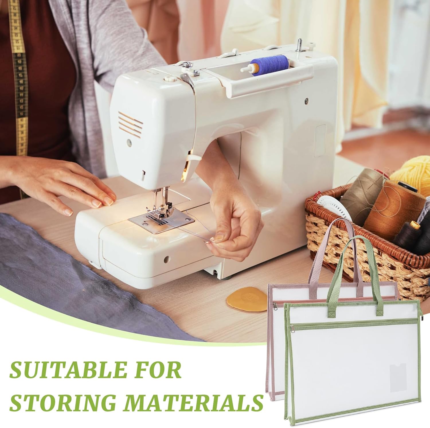 A3 Project Bags, 17.3 x 13.6 in Portable Sewing Craft Bag with Handle, Waterproof Clear Mesh Zipper Pouch Bags for Quilting Knitting and Artworks Supplies (Green)