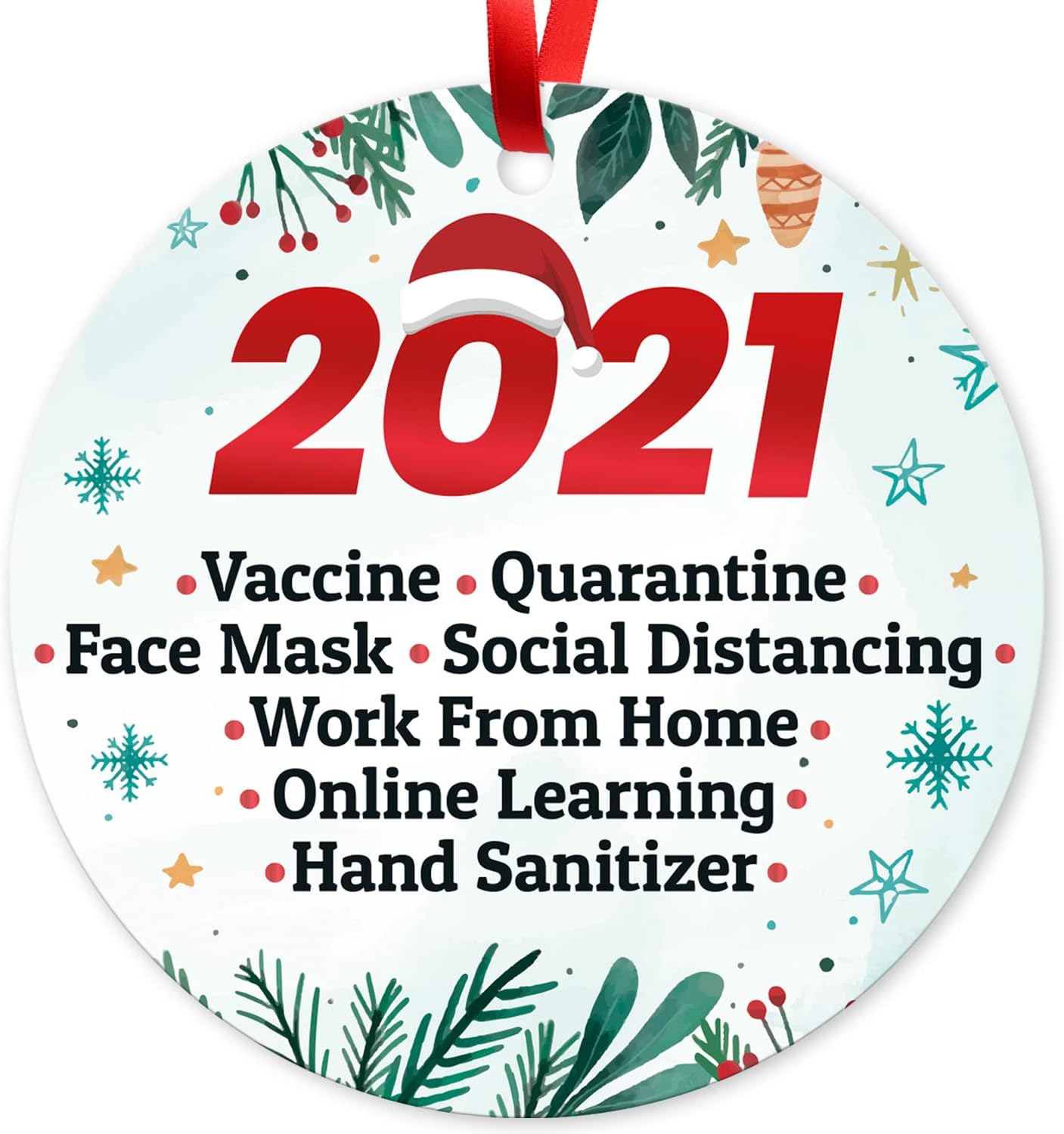 Soul Décor 2021 Ornament Vaccine, Work from Home, Online Learning, Large 3.75" Round Metal Ornament, Velvet Pouch Included