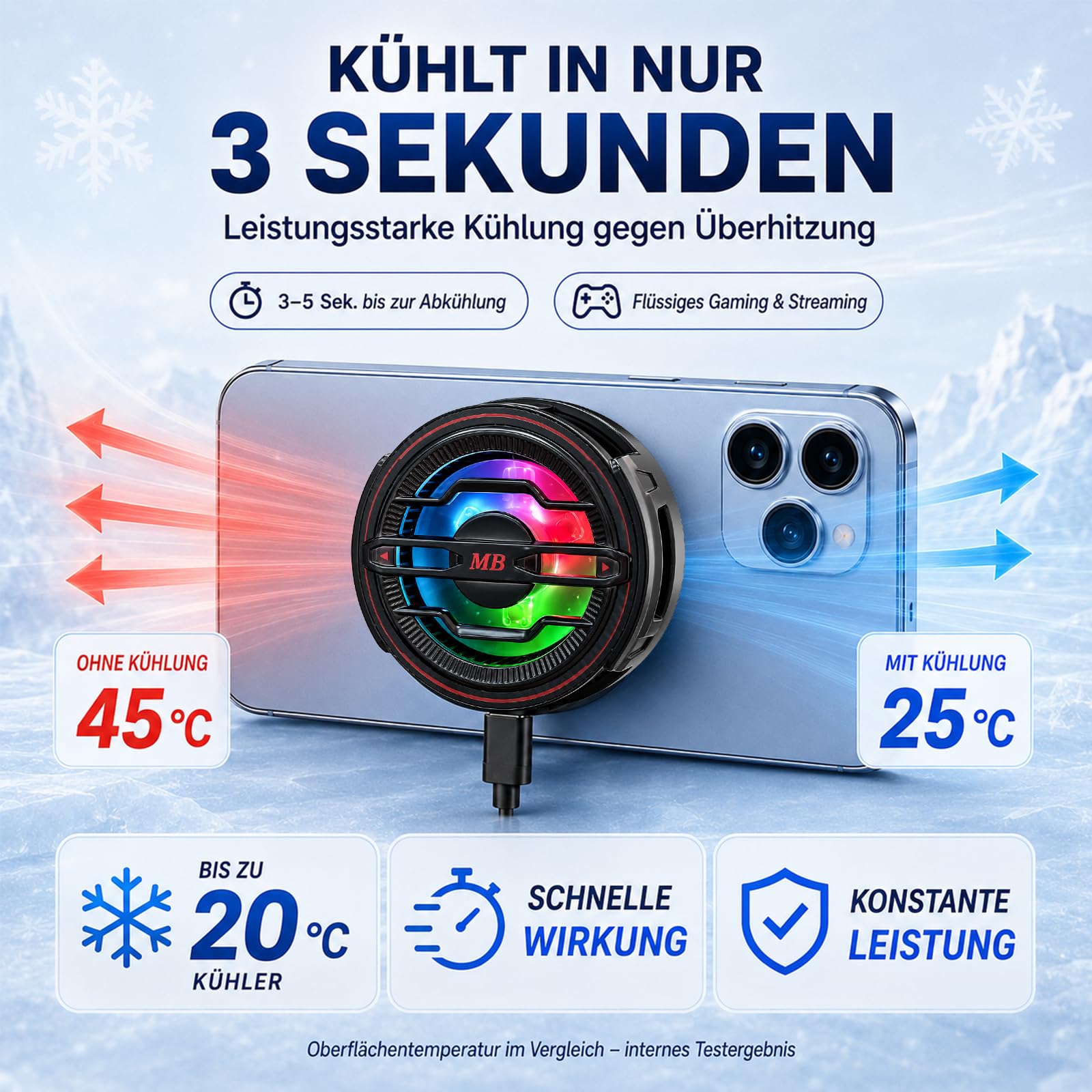 Refrigerador magnético para smartphone para videojuegos, refrigeración | 3 segundos. Enfriamiento rápido, carga y refrigeración al mismo tiempo, funcionamiento silencioso de 25 dB