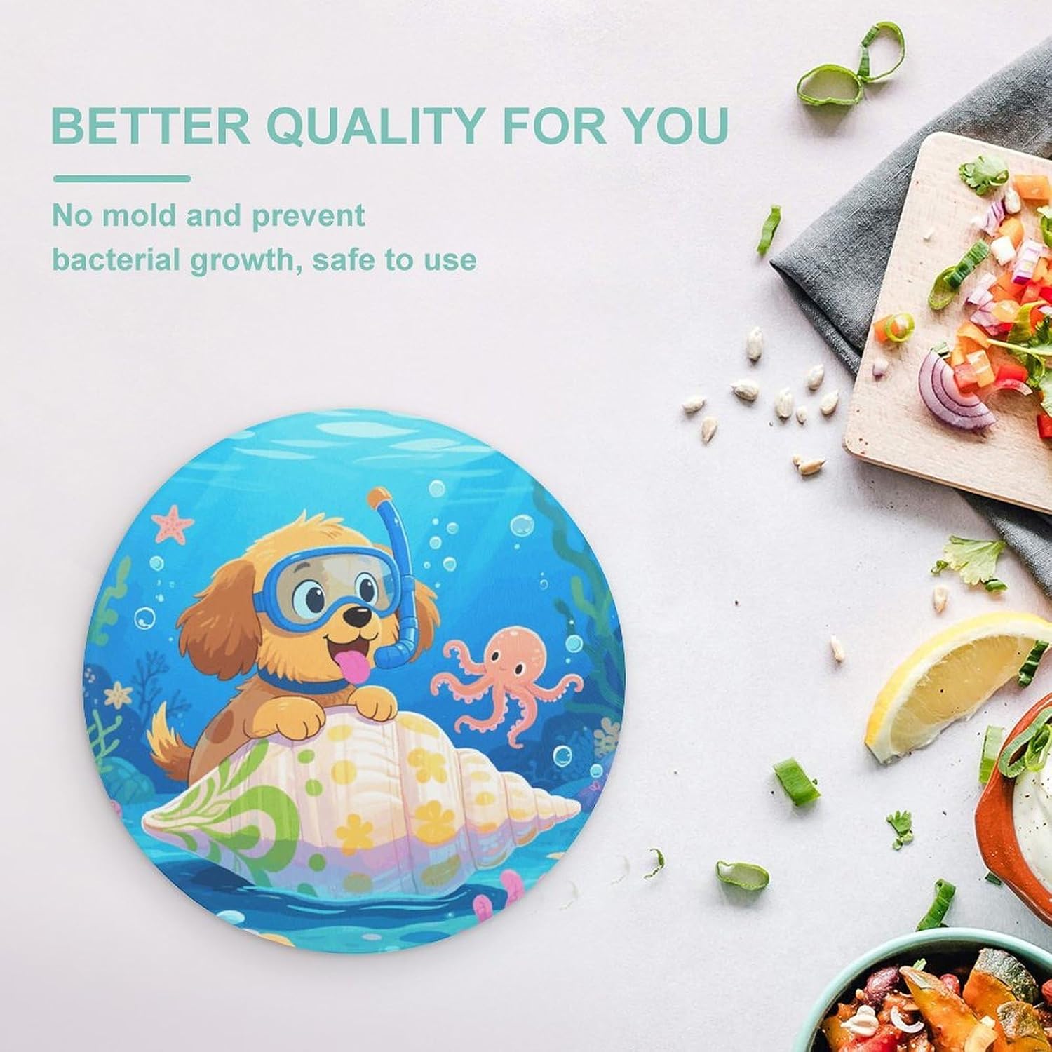 Underwater Dog Tempered Glass Cutting Board Sturdy Chopping Block Personalized Large Butcher Block Lightweight Round Chopping Mat for Kitchen Non Slip