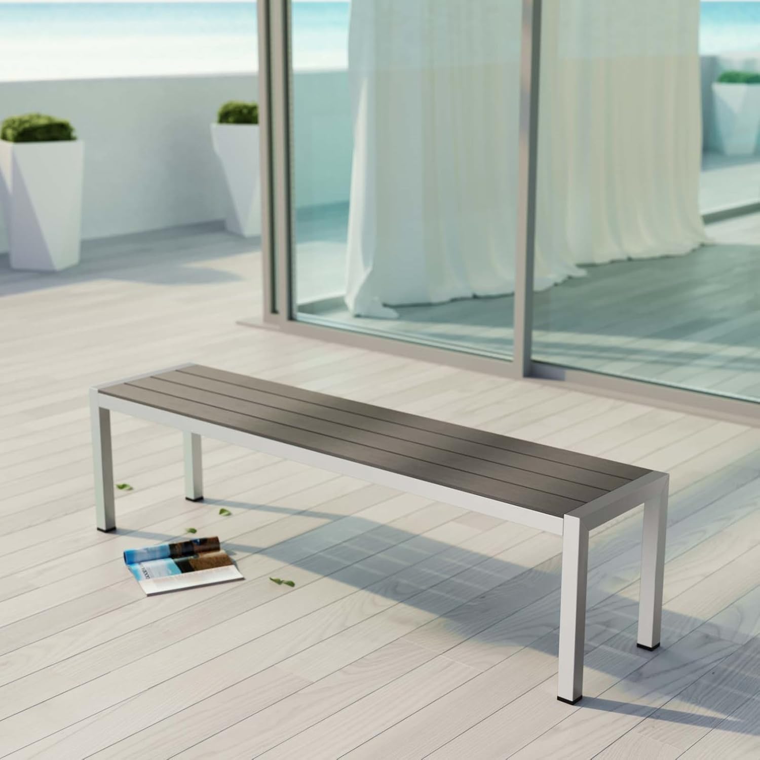 Modern Contemporary Urban Design Outdoor Patio Balcony Bench, Grey Gray, Metal Aluminum