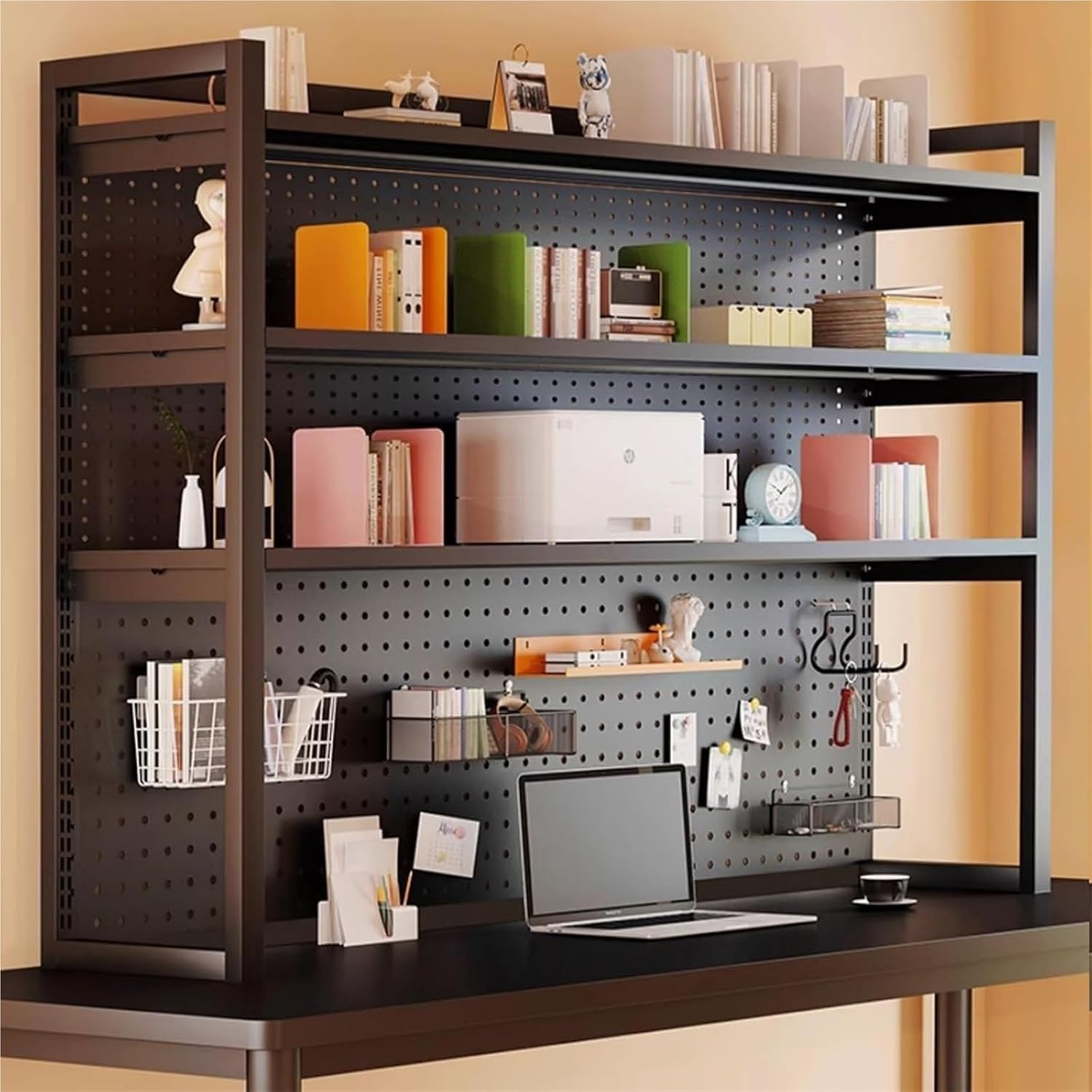 Desktop Hutch Shelf, Large Capacity Desktop Organizer, Desk Hutch for Computer Monitor Stands, Adjustable Bookshelf Organizer for Home Office(Black Three Layers,140cm/55in)