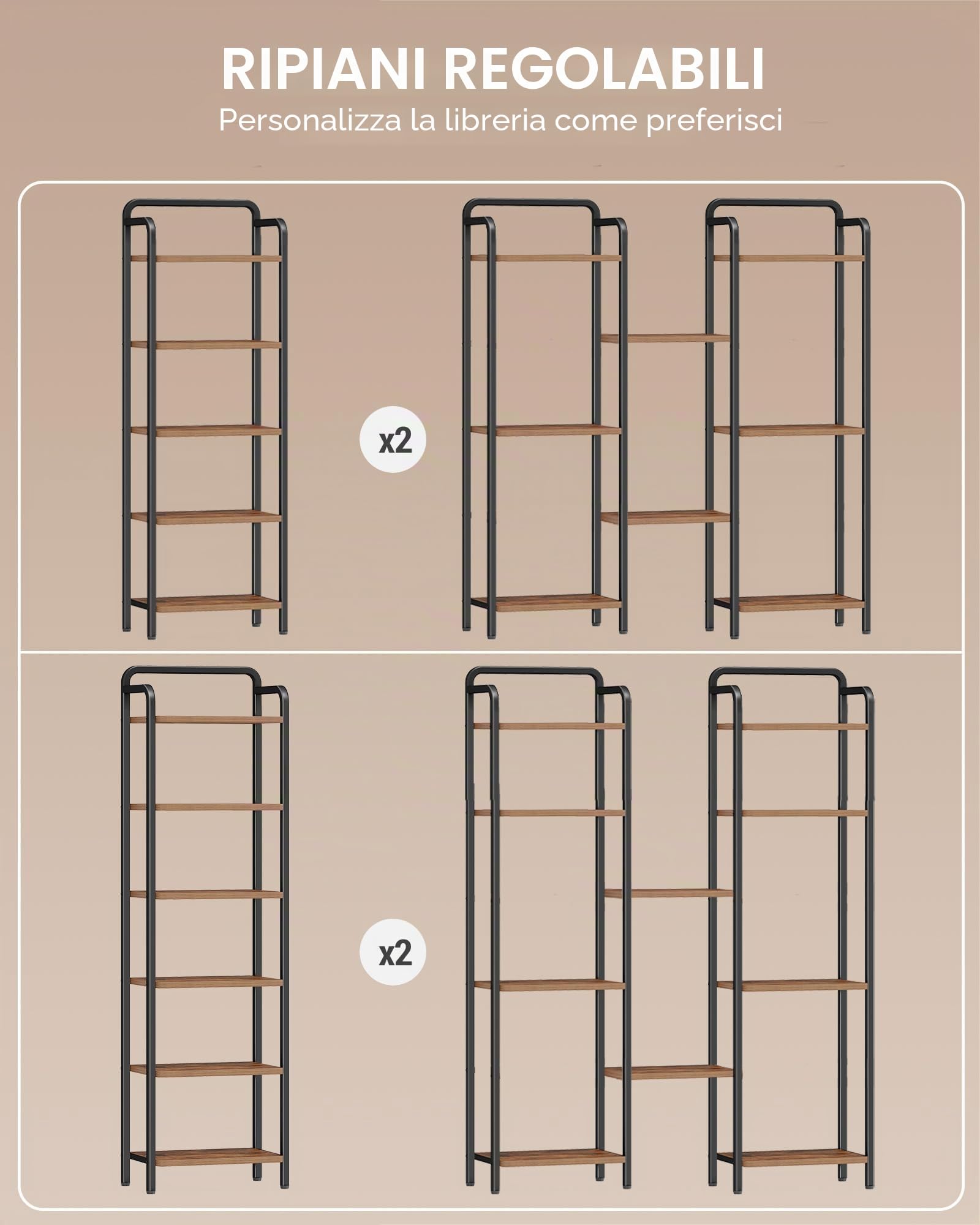 Hzuaneri Scaffale a 6 Ripiani, Libreria, Scaffale Stretto per Libri, Mensola D'angolo Industriale, Mensola Sottile per Ufficio, Soggiorno, Camera da Letto, Cucina, Marrone Vintage e Nero BC44601B