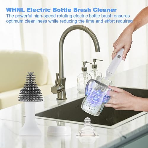 Vista 30 de Cepillo eléctrico para botellas, juego de 4 cepillos para botellas con limpiador de cepillo para biberones, cepillo para pezones, limpiador para Azul