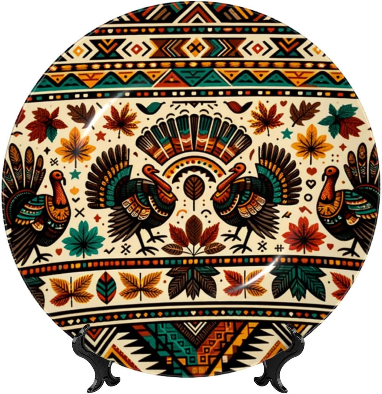 Vintage-Aztec-Thanksgiving-Turkey 10 Inch Decorative Plate With Stand, Elegant Display Wall Plate For Home Decor