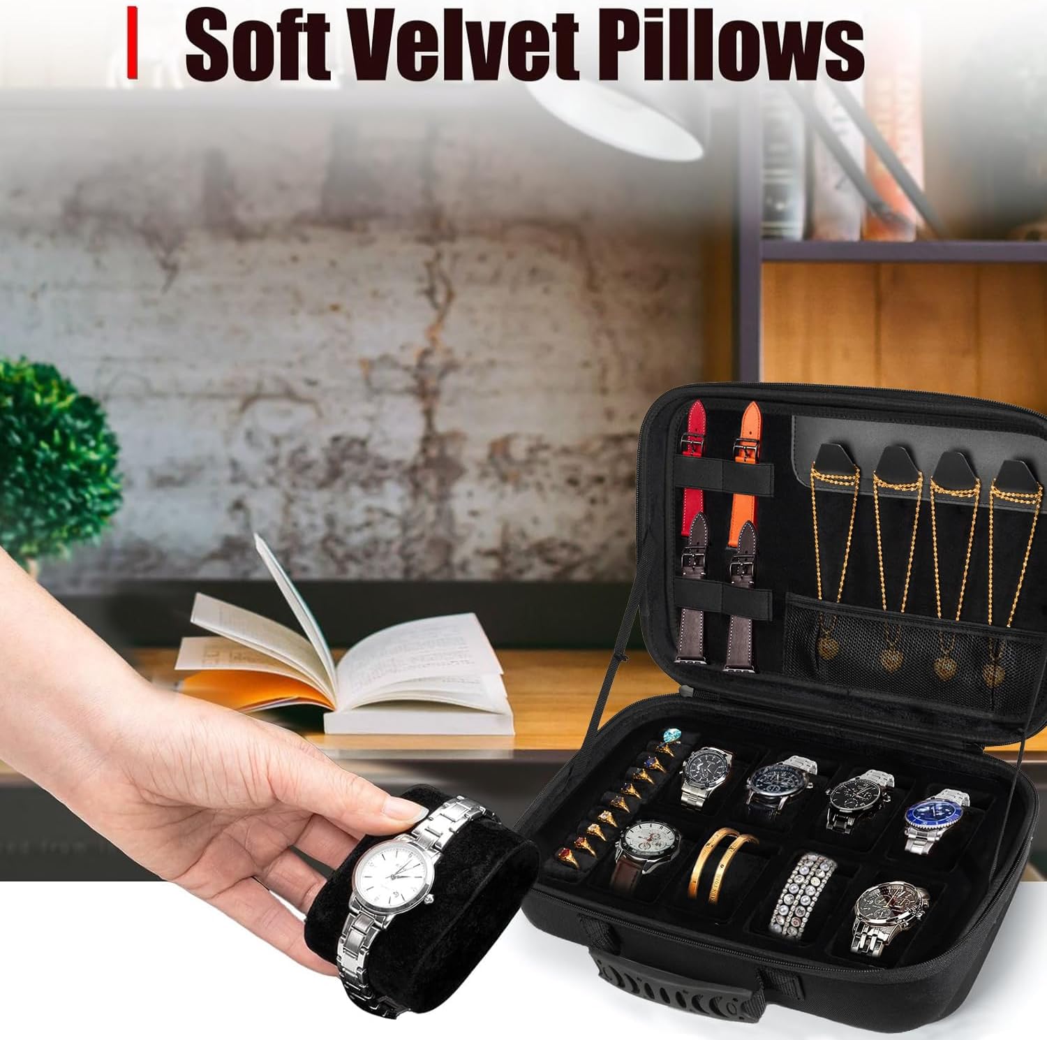 Travel Jewelry Box Watch Case, 8 Slots Watch Organizer for Men Women, Hard Storage Bag with 10 Ring Holders, 4 Necklace Hooks, 4 Watch Strap, Jewelry Bracelets Carrying Case with Soft Pillow