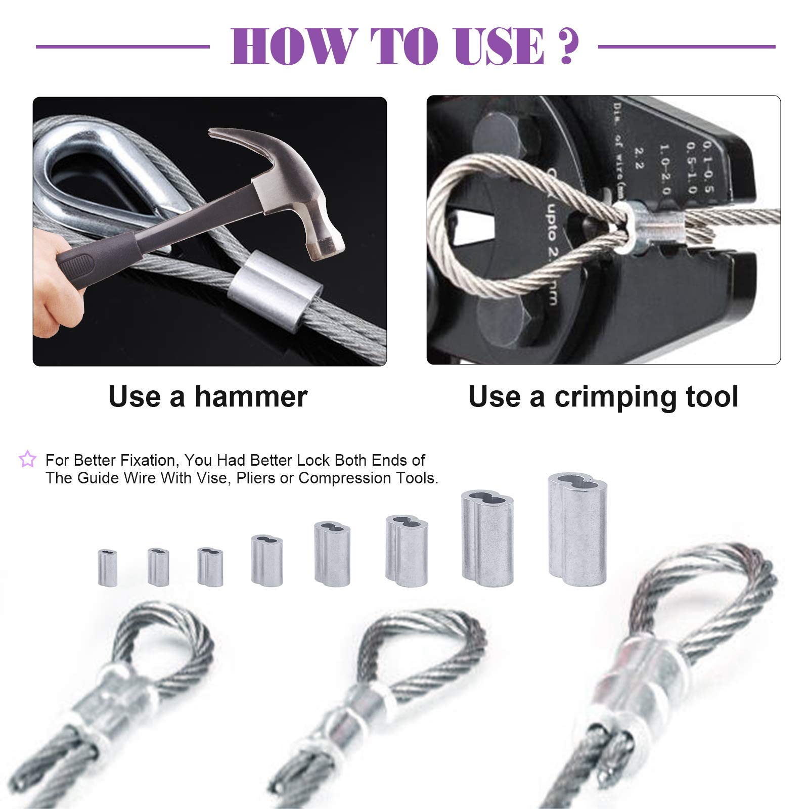 Swpeet Lot de 200 manchons à sertir en aluminium 2 mm pour câble métallique