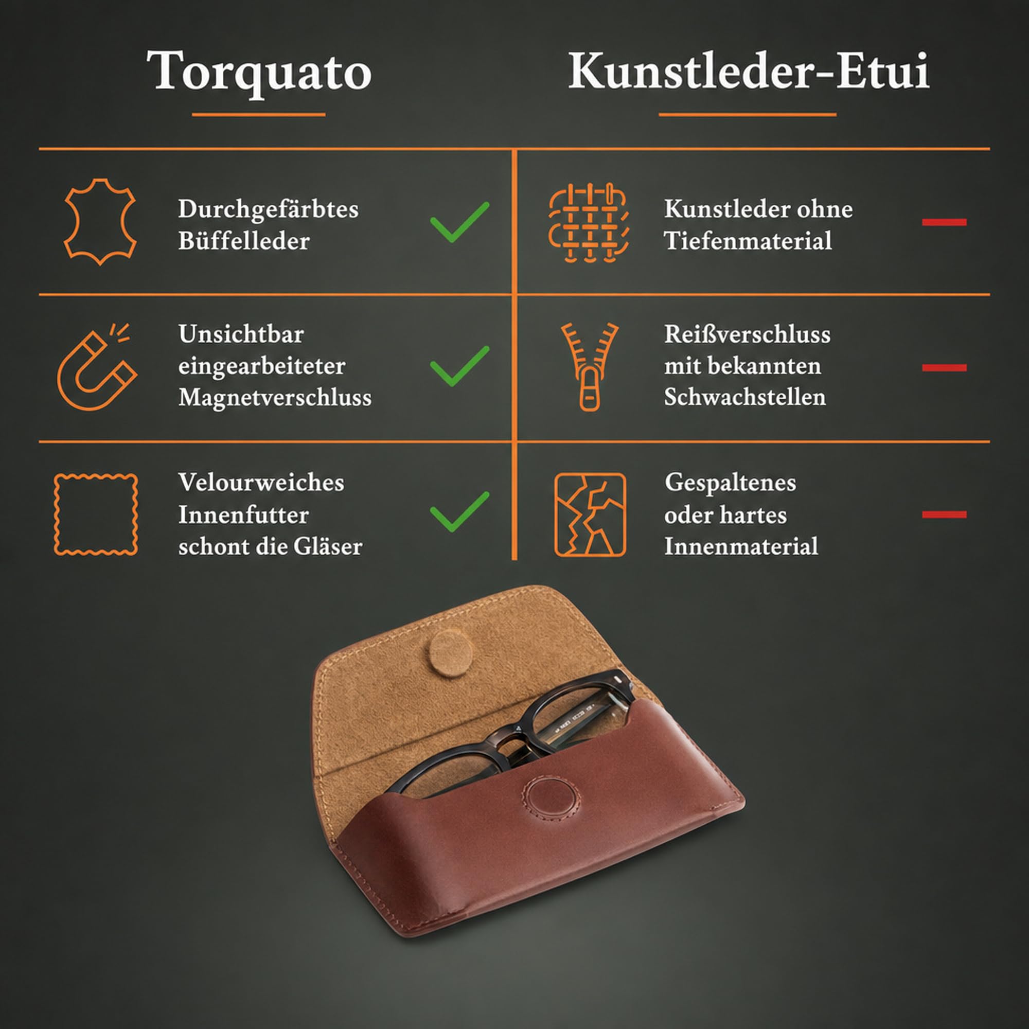 Torquato Brillenetui Leder, Büffelleder, Magnetverschluss, 17,5x8 cm | velourweiches Innenfutter, individuelle Patina, für Brillen und Lesebrillen, Geschenk mit Charakter