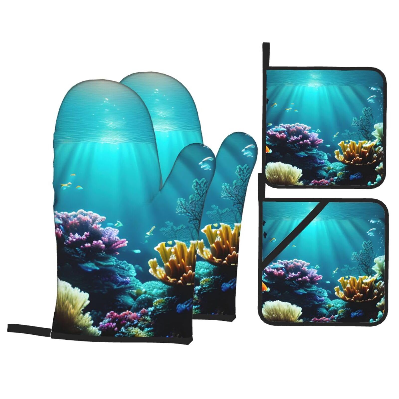 Underwater Scenery Print 4-Piece Heat-Resistant Oven Waterproof Kitchen Gloves Cooking Roasting Essential