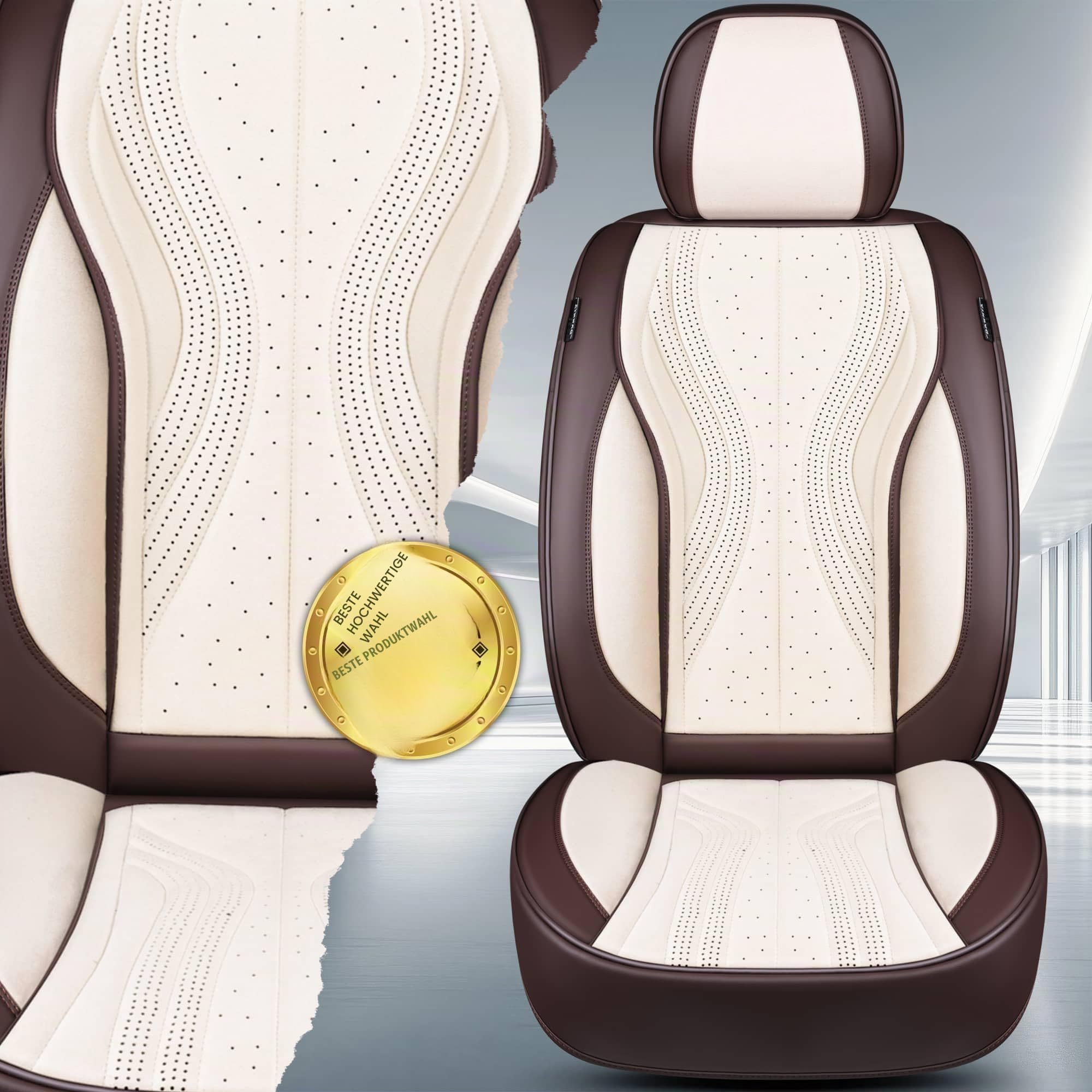 Autositzbezüge Universal für PKW, SUV – Premium Vordersitzbezüge Braun/Beige, hochwertig verarbeitet für mehr Sitzkomfort, Airbag-kompatibel, Schonbezüge für Fahrer & Beifahrersitz mit Rückentasche