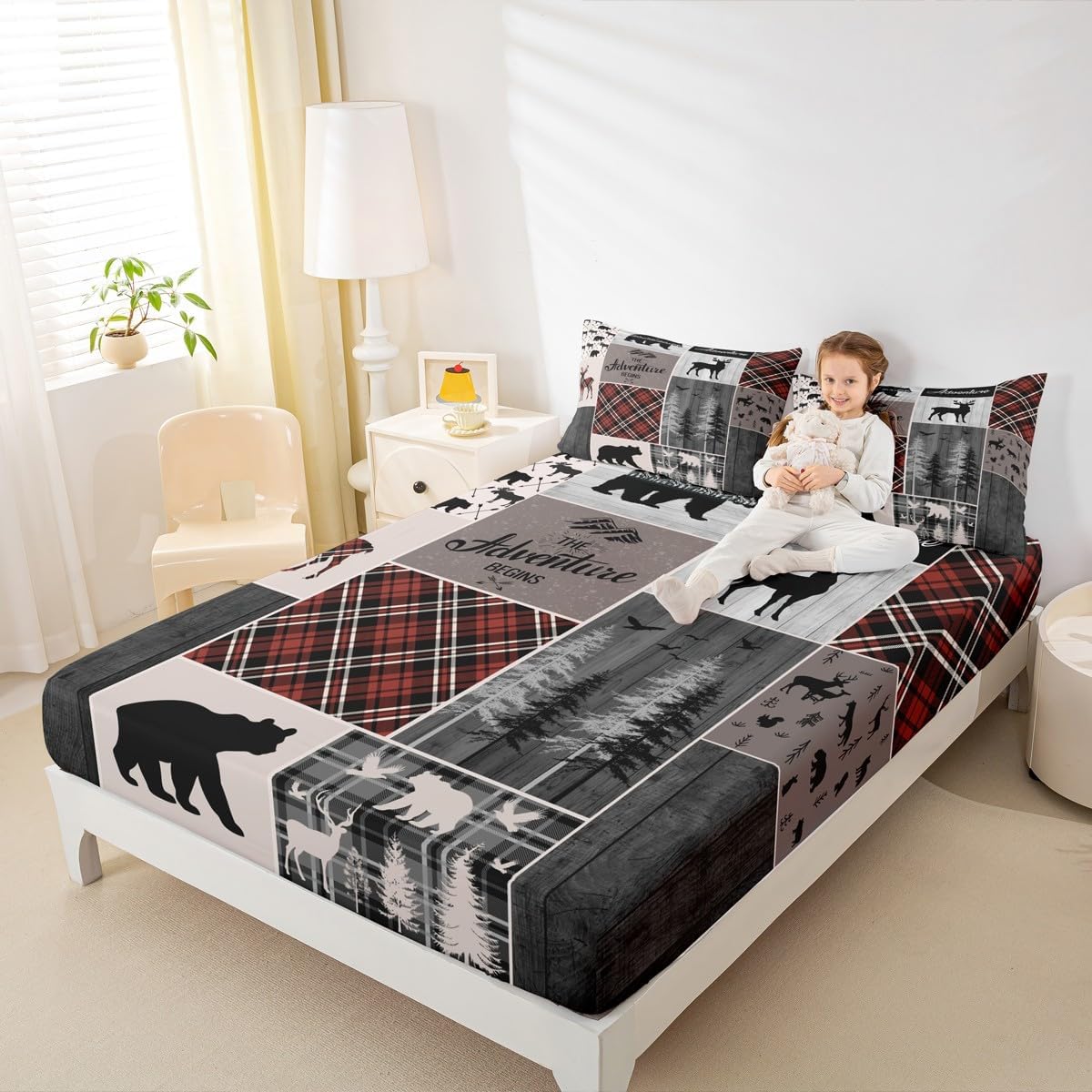Retro Cabin Rustic Fitted Sheet for Room Decor, Country Farmhouse Lodge Bedding Set Bear Moose Deer Bed Sheets Hunting Wild Animal Plaid Patchwork Bed Set Rustic Decorations for Home, Full Size
