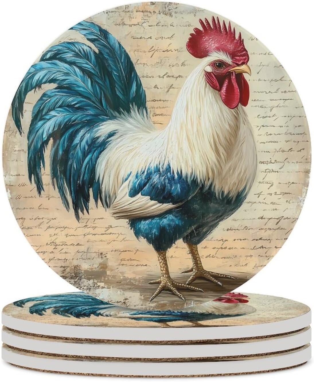 Vintage Cool Rooster Coasters for Drink Round Ceramic Coaster with Cork Base Home Decorative 6PCS