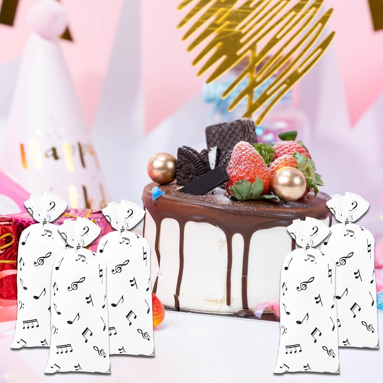 Fukaisu 100 Pcs Music Notes Gift Bags with Cable Ties, Musical Theme Flat-Top Treat Bags Party Favors Candy Pockets for Birthday Party Supplies - Image 5