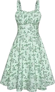 Women's Vintage Sleeveless Solid Floral Ruched Summer Cute A-Line Flowy Swing Midi Dress - Buy now