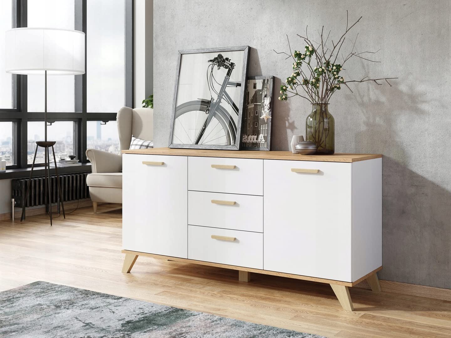 VBChome Cómoda con 3 cajones y 2 puertas, 120 x 40 x 75 cm, roble blanco, tiradores de cajón, de madera, para pasillo, dormitorio, salón, habitación infantil