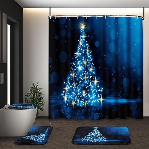 Miniatura 2 de Juego de cortina de ducha azul con árbol de Navidad brillante con alfombras, juego de baño con alfombra antideslizante, cubierta para tapa de