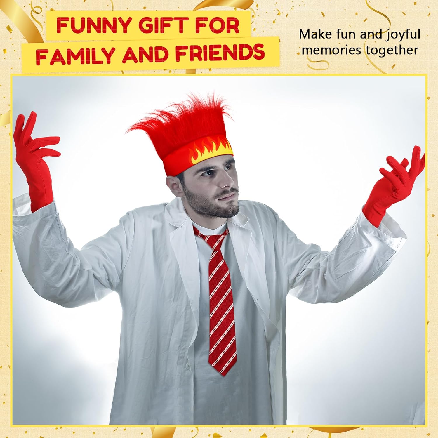 3 Pcs Halloween Angry, 1 Red Hairy Headband Flame Crazy Wig, 1 Pair Red Gloves and 1 Adjustable Striped Tie for Adult - Image 4