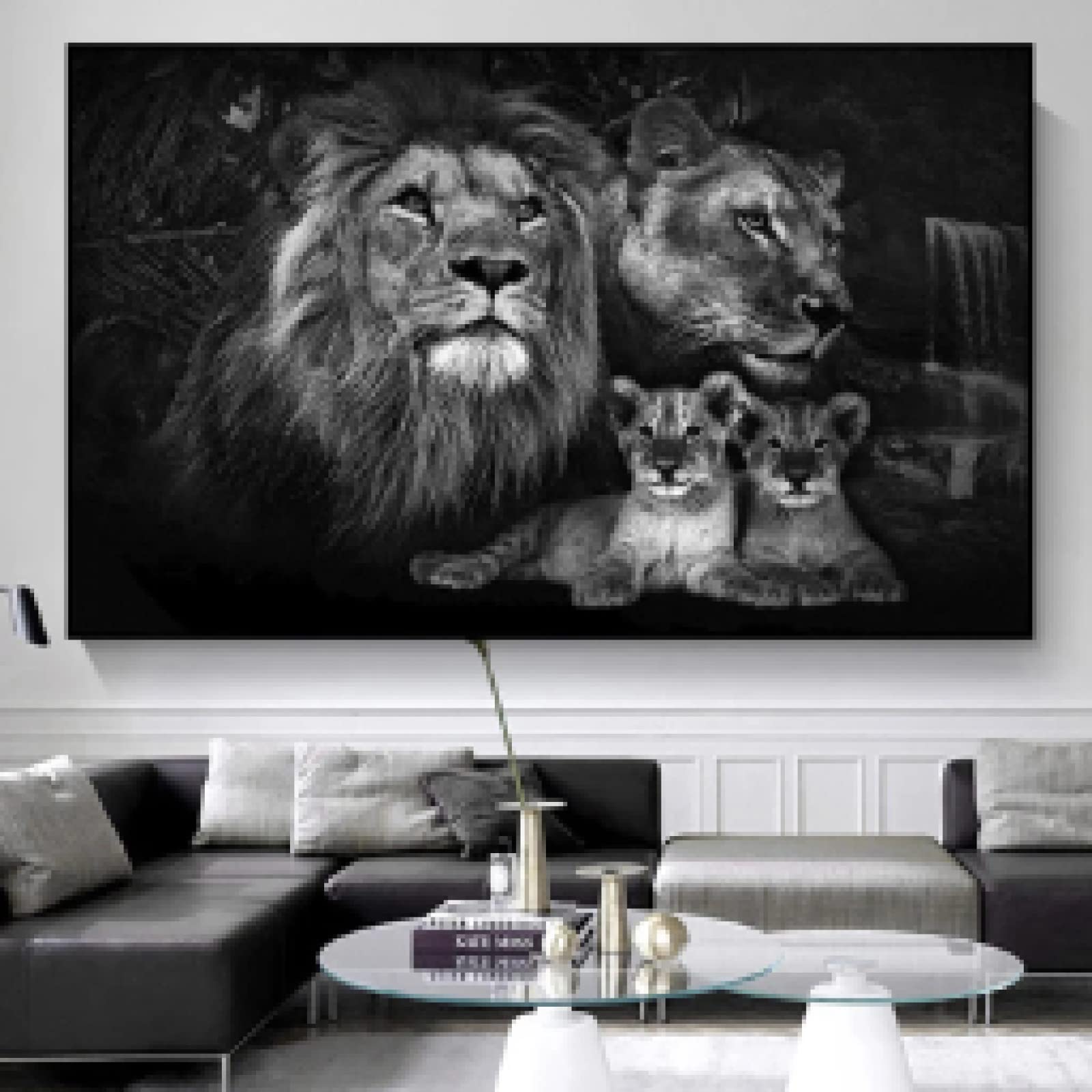 Wydruk na płótnie czarno-białe zwierzę grafika dziecko lew rodzina plakat sztuka ścienna obraz do zoo dekoracja wiszący obraz 60 x 90 cm rama wewnętrzna