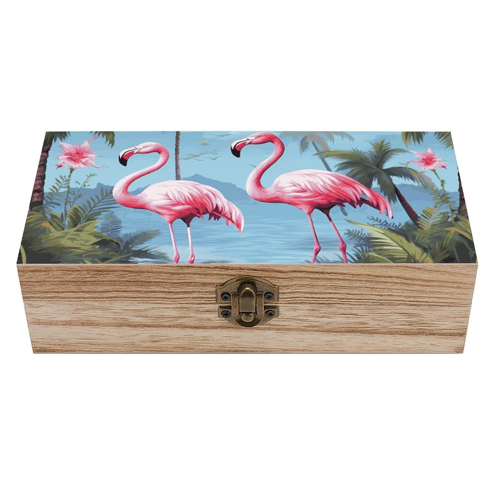 JTREHY Wooden Storage Box Container,Tropical Flamingosprinted Desk Storage Box Room Decoration Box Souvenir Storage Box for Jewelry Gift Storage And Home Decoration