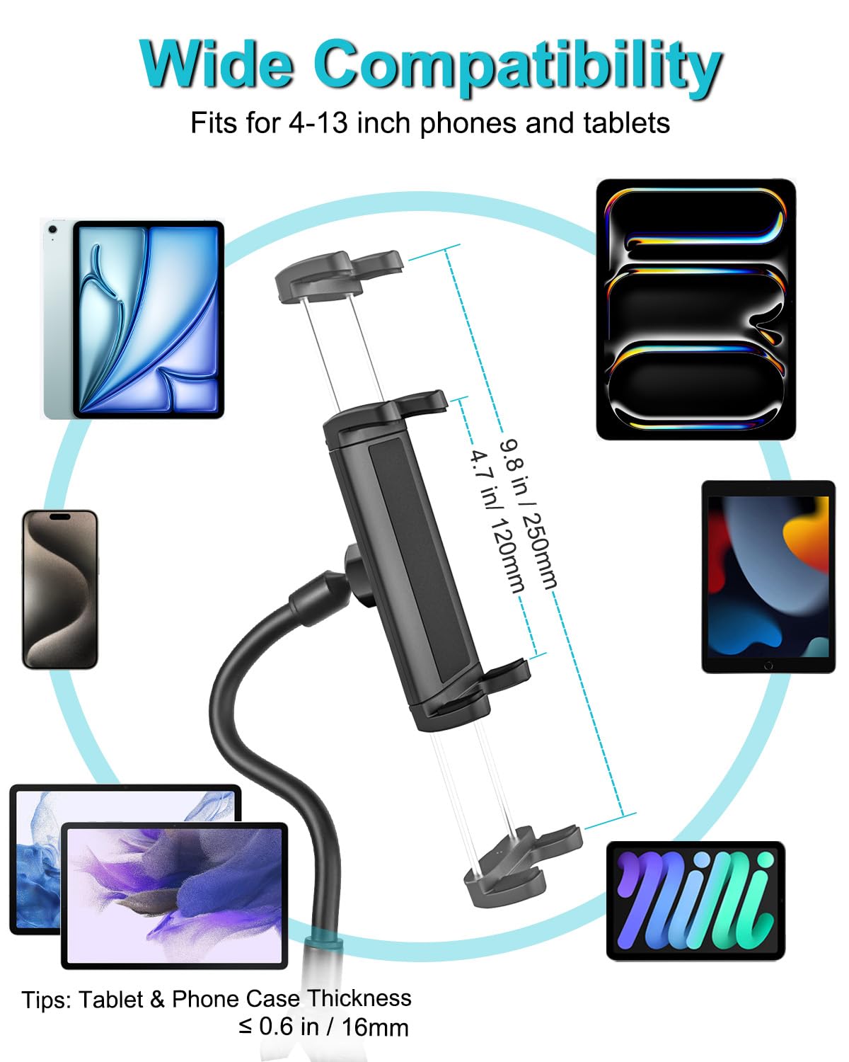 Collo Oca Supporto per Tablet Cyclette, Dosvsi Porta Tablet Tapis Roulant, Regolabile 360° Supporto Bici Manubrio per iPad Pro 12.9 Air Mini, iPad 10.9", Galaxy Tab S A, 4"~13" Tablet & Telefono