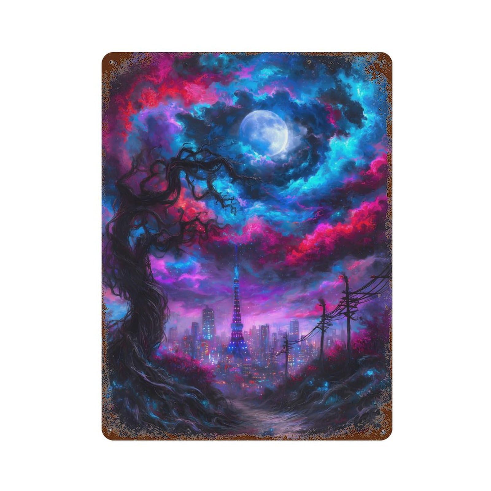 Tokyo Tower Under A Cosmic Sky Decorative Tin Sign 15.7"x11.8", for Bistro, Counter And Cafe Decor, Classic Wall Plaque