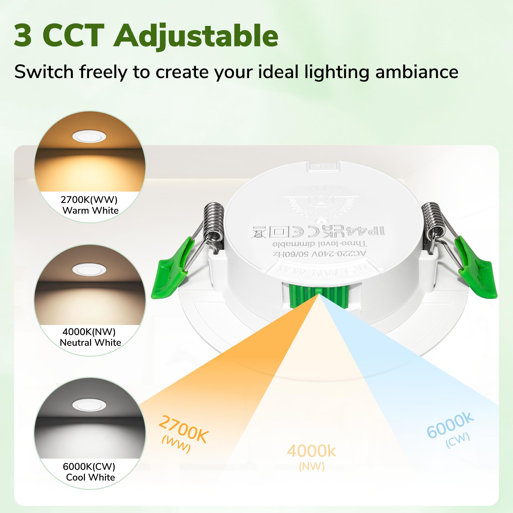 Pack de 10 Focos LED Empotrables Extra Planos 25mm, 6W Regulable 3 Intensidades sin Regulador, 2700K 4000K 6000K, IP44 Ojos de Buey LED Techo, Corte Ø58-68mm 230V, Blanco