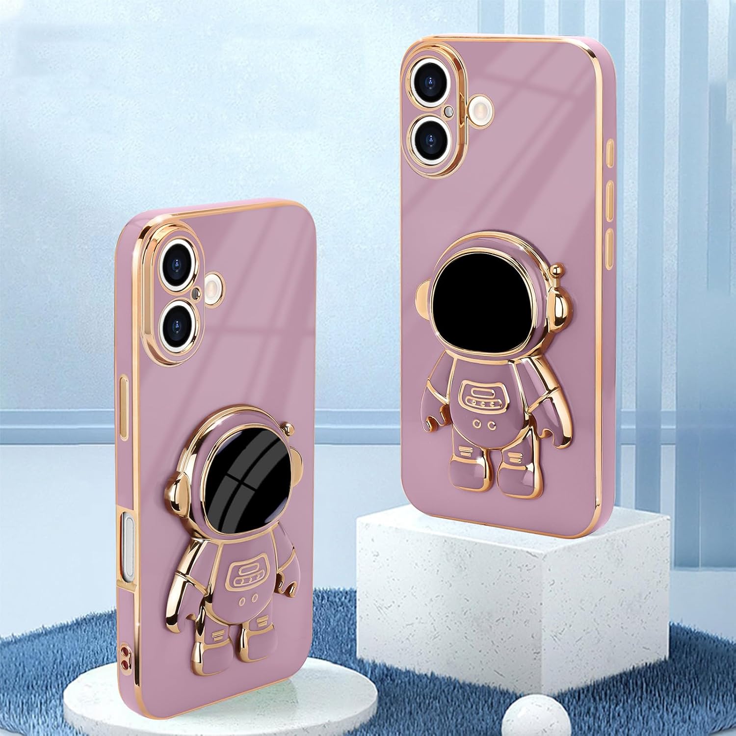 for iPhone 16 Case, Cute 3D Astronaut Stand with [2 Screen Protector] [Camera Protection] Kickstand Shockproof Bling Silicone Soft Phone Back Cover for Apple iPhone 16 Case, Purple - Image 2