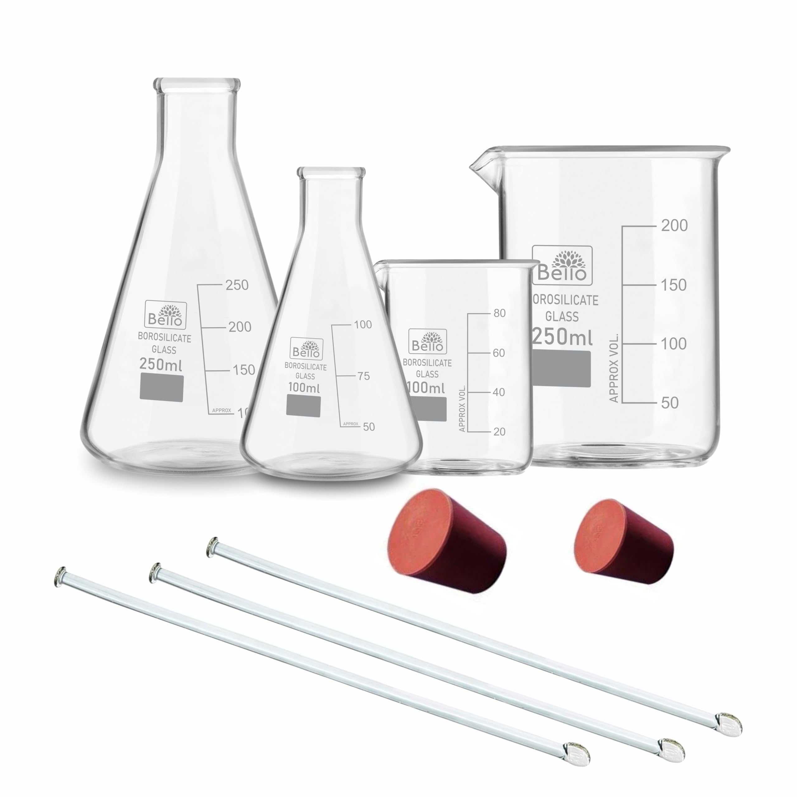 Bello Borosilicate 3.3 Glass Beaker & Conical 100ml, 250ml With Srtirrring Rod 200mmX6mm And Cork 2pcs Pack of 9 For School College Lab Laboratory Etc.-image-30