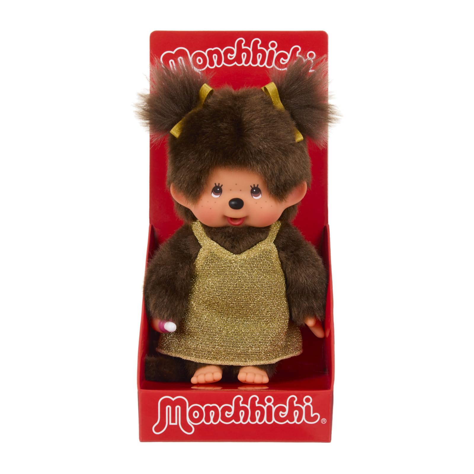 Sekiguchi 204038 Original Monchhichi Girl with Golden Glitter Dress, Approx. 20 cm Cuddly Toy Made of Brown Plush