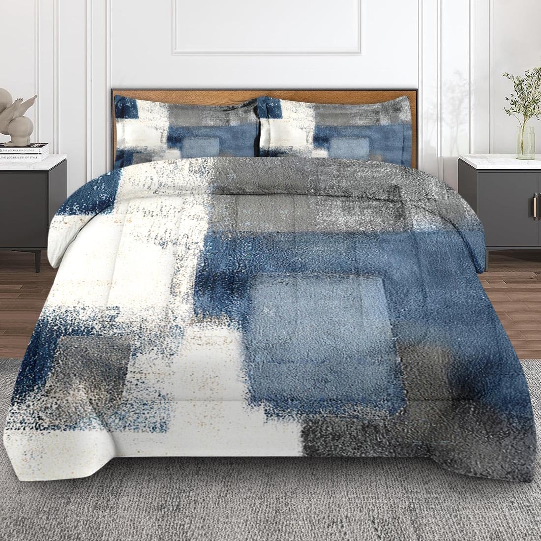 Blue Grey Painting Comforter Set Full Size Bedding Set Abstract Gray Contemporary Includes Comforter & Pillowcase Bedding for All Seasons Kids and Adults Bedroom Bed Decor