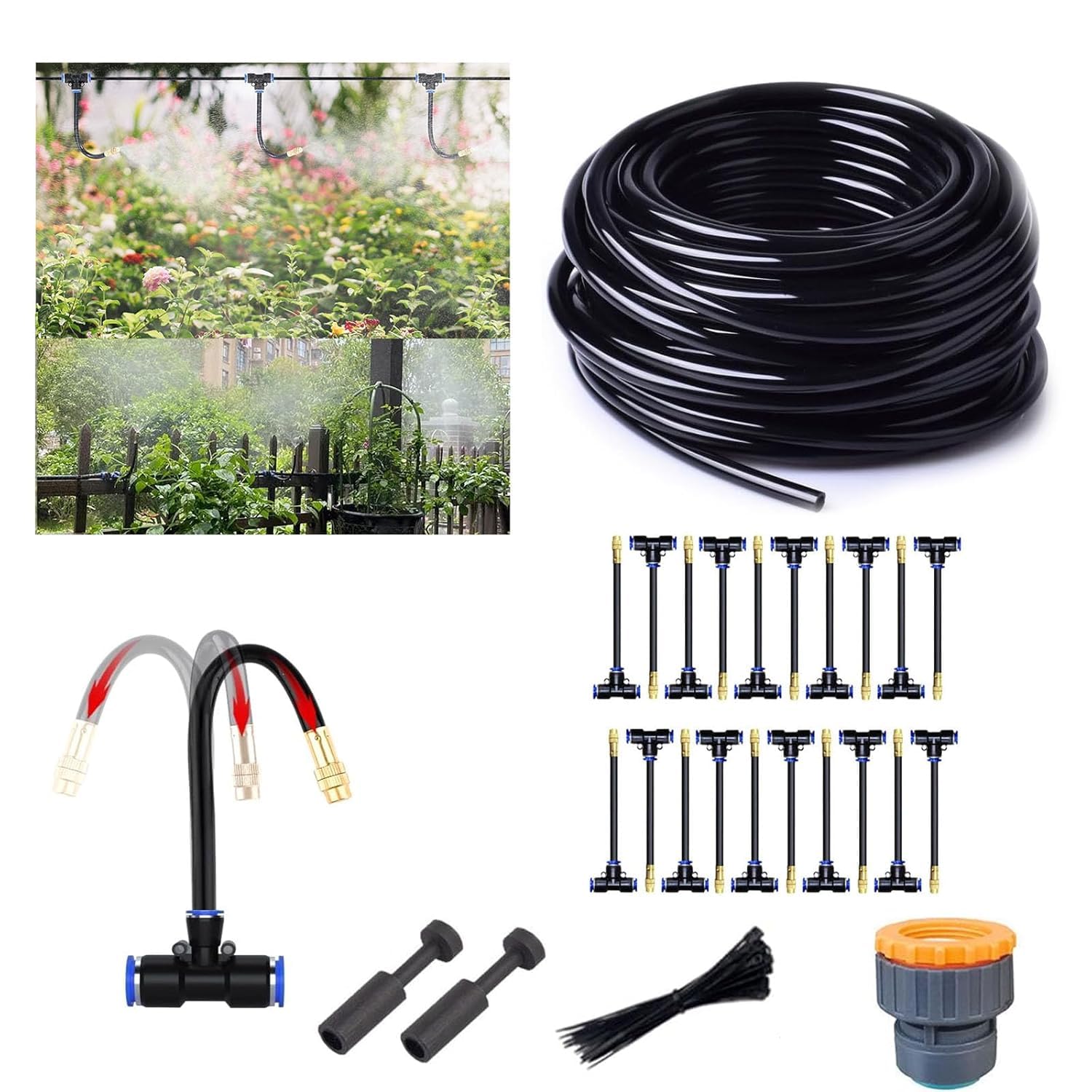 Sistema de riego de jardín, kit de riego por goteo de niebla de invernadero, sistema de riego de plantas colgantes de 52 pies con 20 boquillas atomizadoras de tres vías y manguera de tubo de riego de