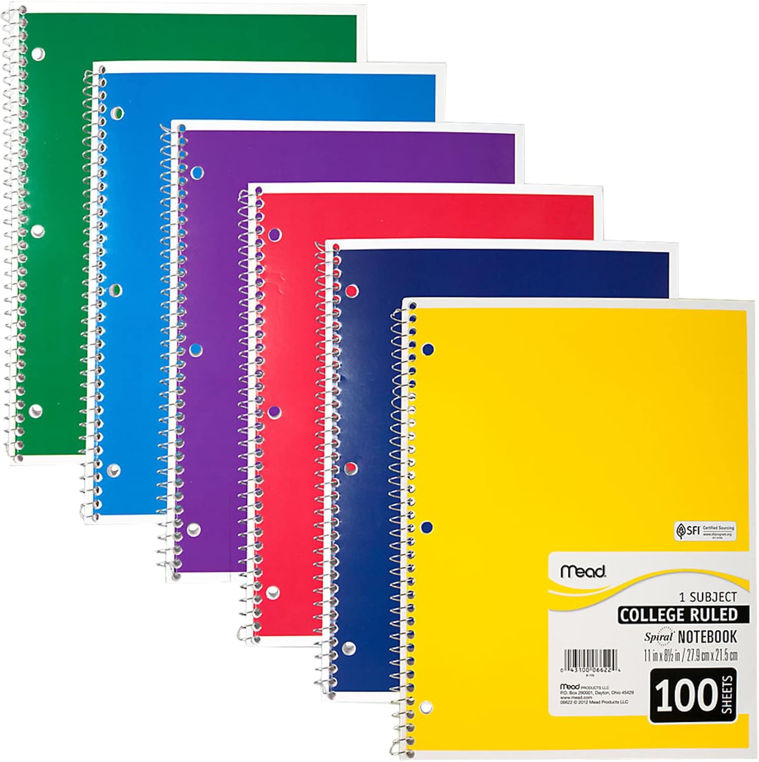 Mead Spiral Notebook, College Ruled, 1 Subject, 100 Sheets, Assorted Colors (06622)