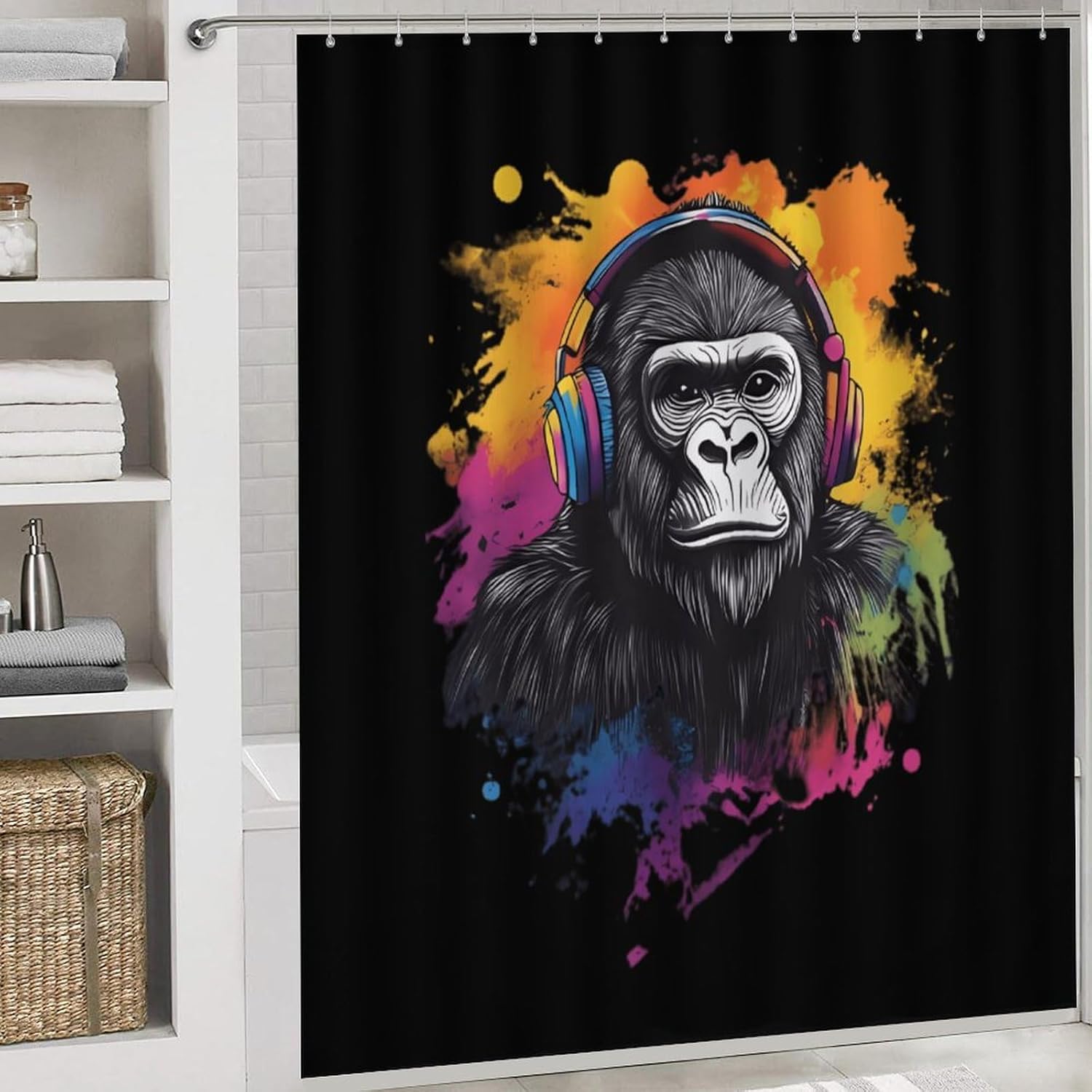Colorful Gorilla Monkey Modern Bathroom Sets with Shower Curtain and Rugs Decor 4 Pcs with 12 Hooks